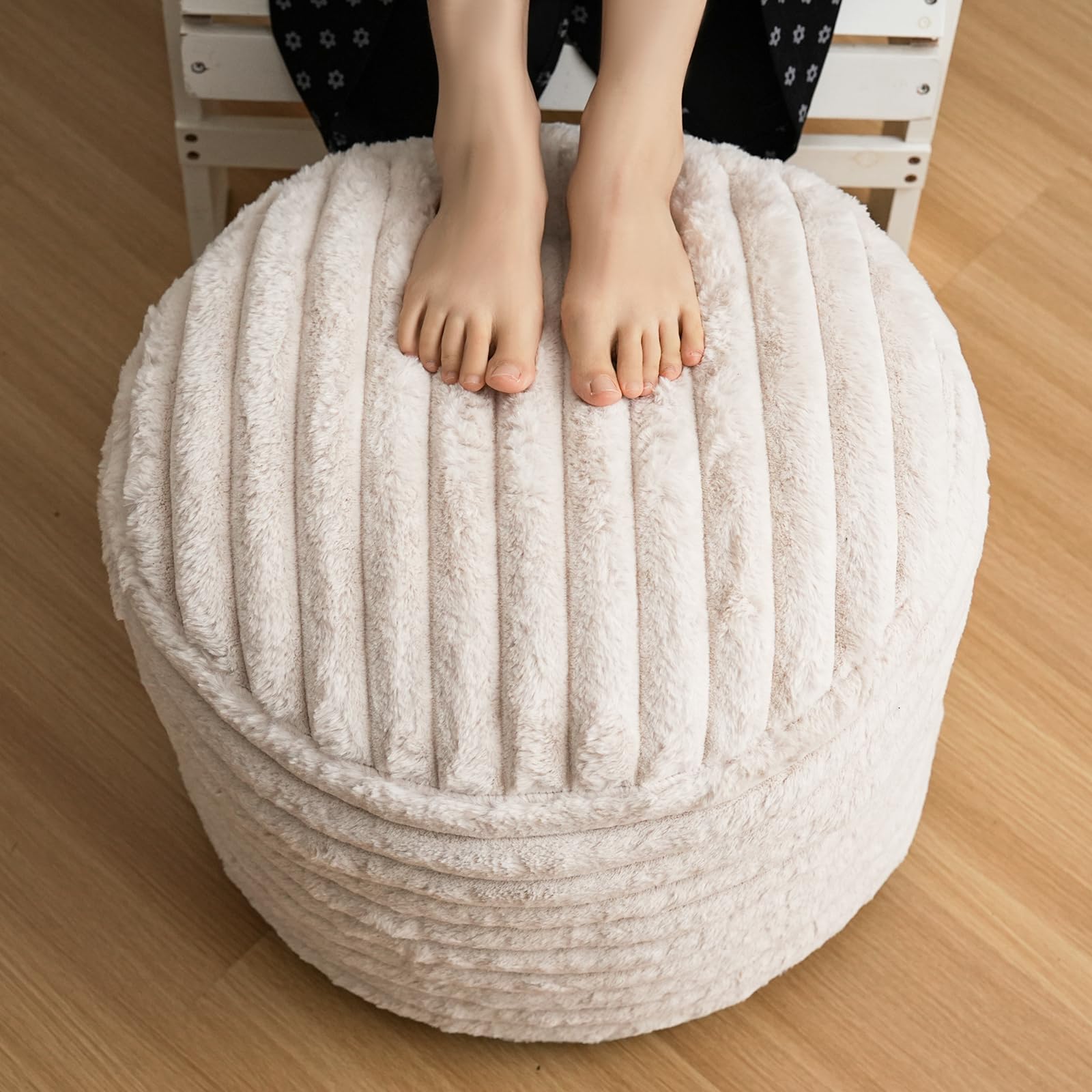 Pouf Ottoman Stuffed Round for Foot Rest, Faux Fur Poufs with Foam Chunk Filling, Storage Ottoman Pouf Foot Stool Cushion, 20 X 15 Inch Floor Chair