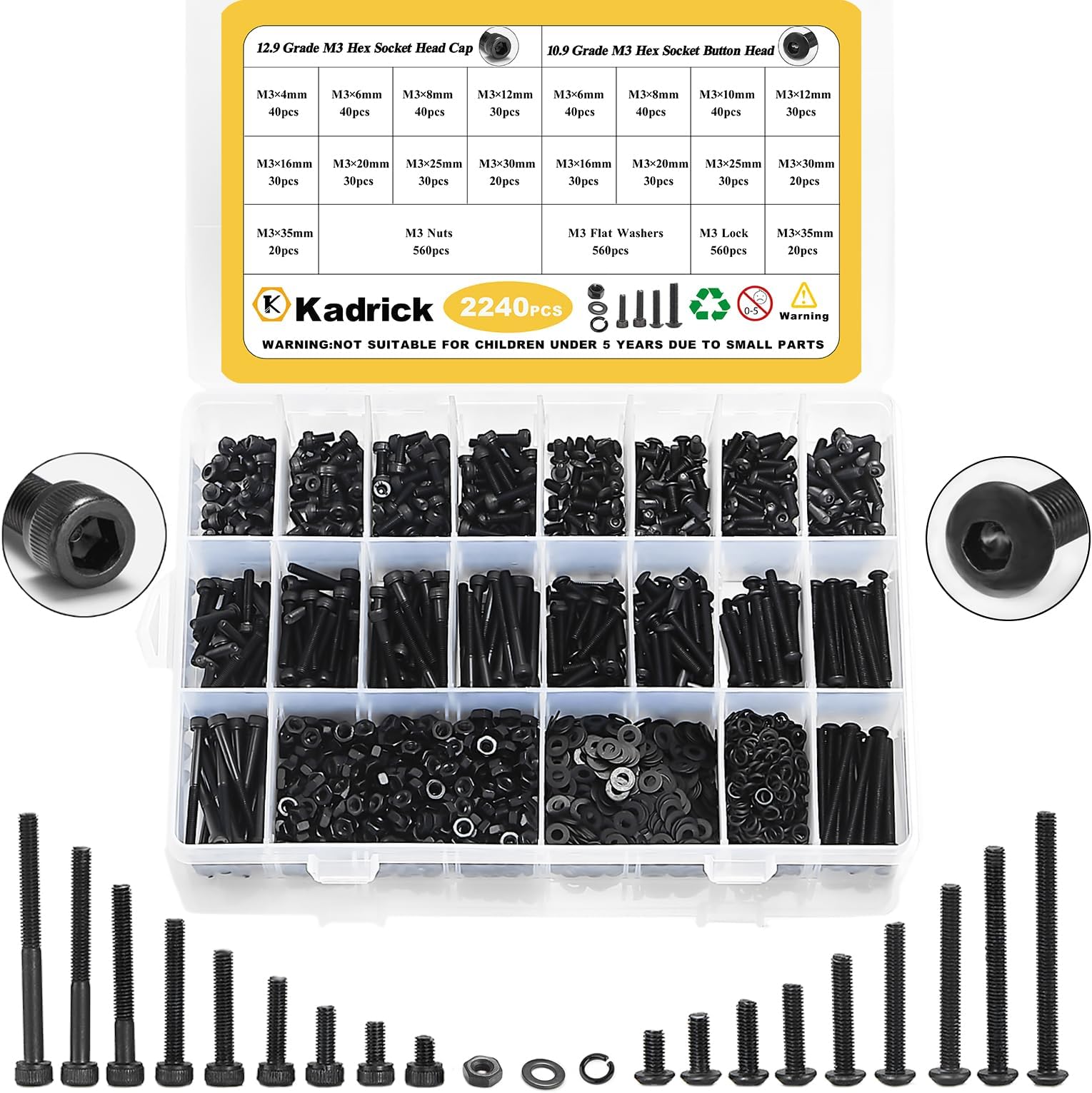 Kadrick M3 Screws Assortment Kit, 2240 Pcs Hex Socket Button & Cap Head M3 Bolt Kit, 4-35mm Length, Nuts, Washers & Allen Wrench Included, 10.9/12.9 Black Alloy Steel Screws for 3D Printing