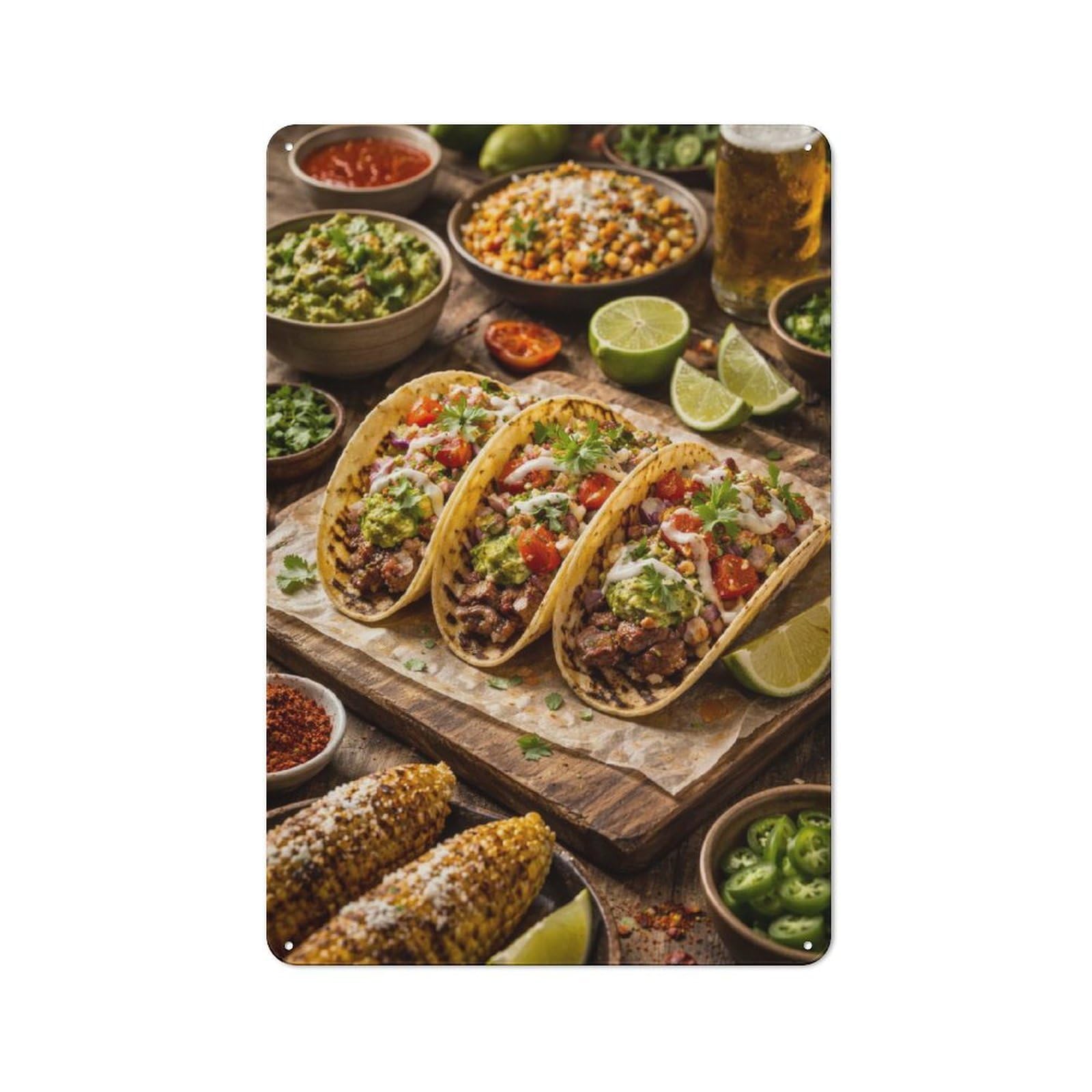 Junmoney Style-1 Tin Wall Plaque 30X20cm With Tacos With Corn And Beer For Guest Room Or Hallway, For Garage, Workshop And Man Cave Decoration