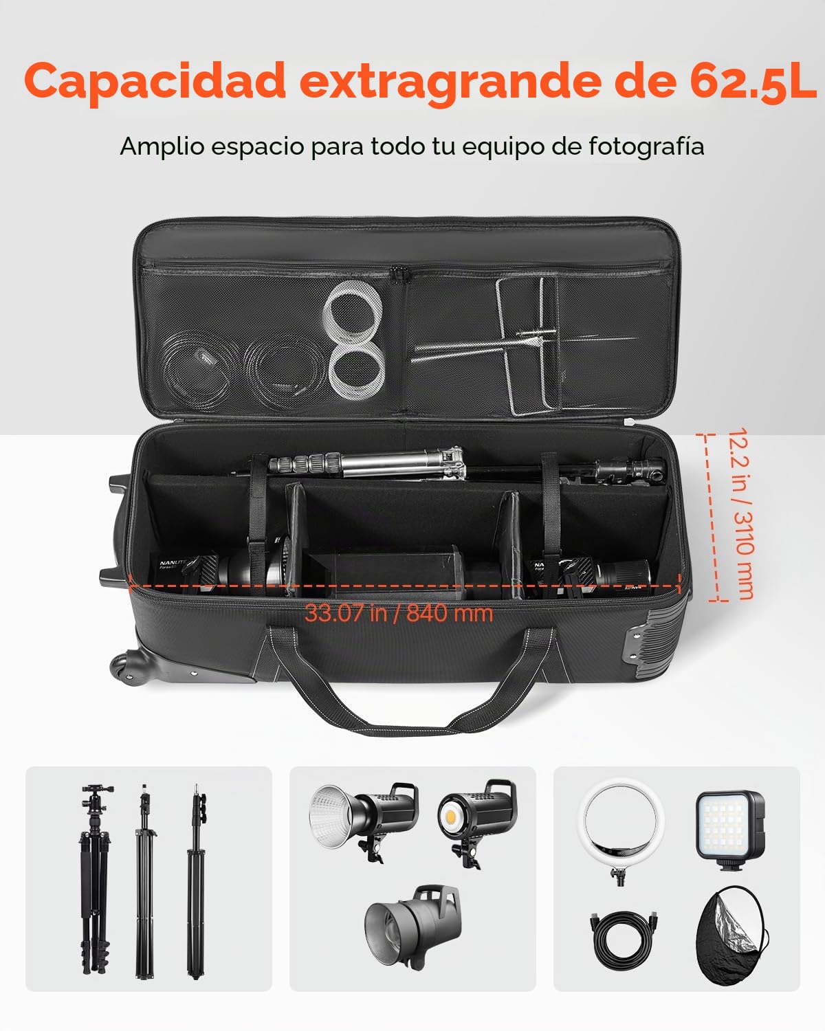 VEVOR Estuche con Ruedas para Equipo de Estudio 91 x 30 x 35,5 cm, Bolsa con Ruedas para Cámara, Correas, Asa Acolchada en el Compartimento para Soportes de Iluminación, Trípodes y Telescopios, Negro