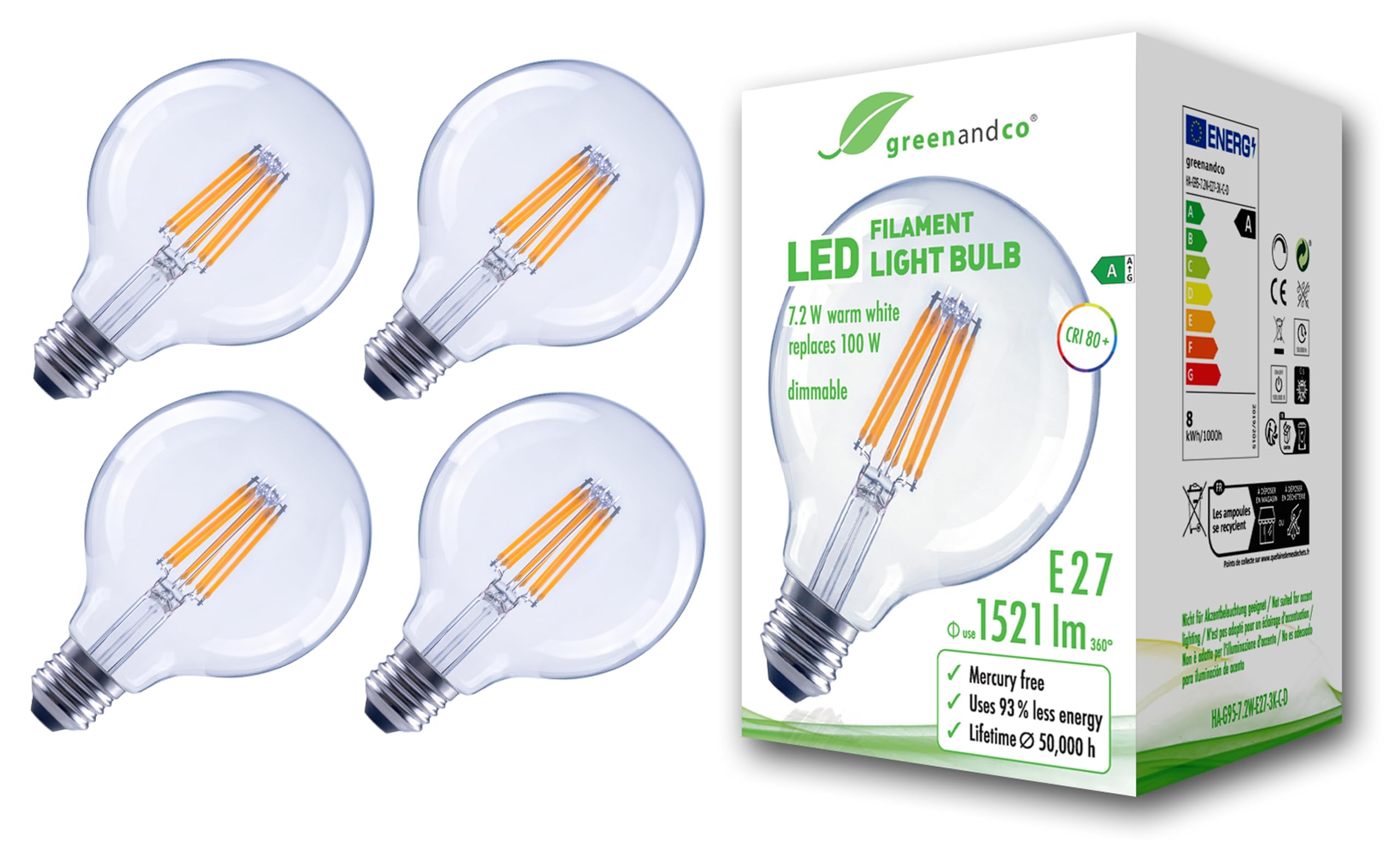 greenandco 4x Glühfaden LED Lampe | klar | dimmbar | E27 G95 | 7,2W 1521lm | ersetzt 100W | 3000K warmweiß | 320° | 230V | flimmerfrei | Energieeffizienzklasse A