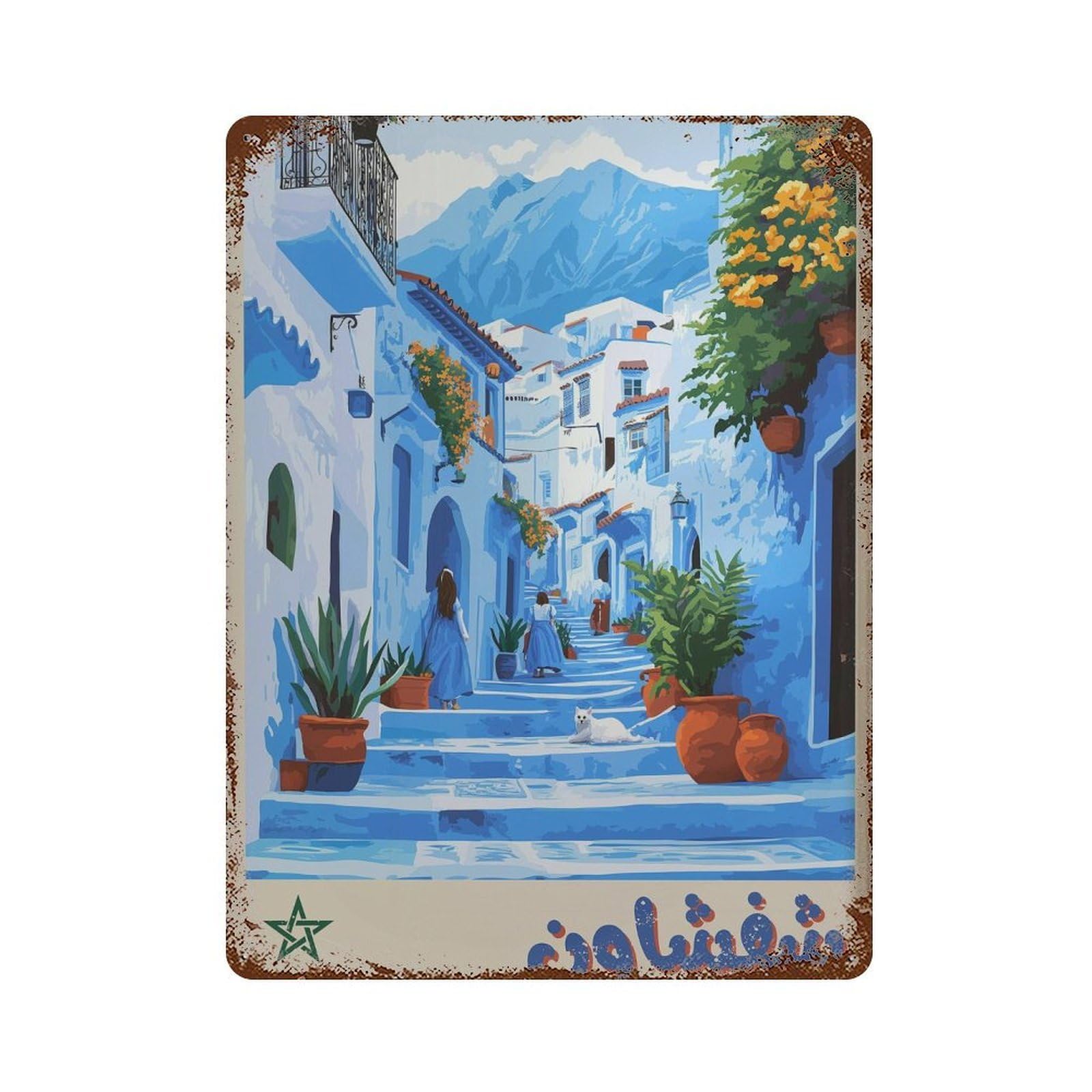 xiaoxiaoshen Chefchaouen Morocco Travel Blue City in Arabic Wall Decor Art Metal Tin Poster Modern Home Decor Art Home Bar Shop Decorations Vintage Sign 40x30cm