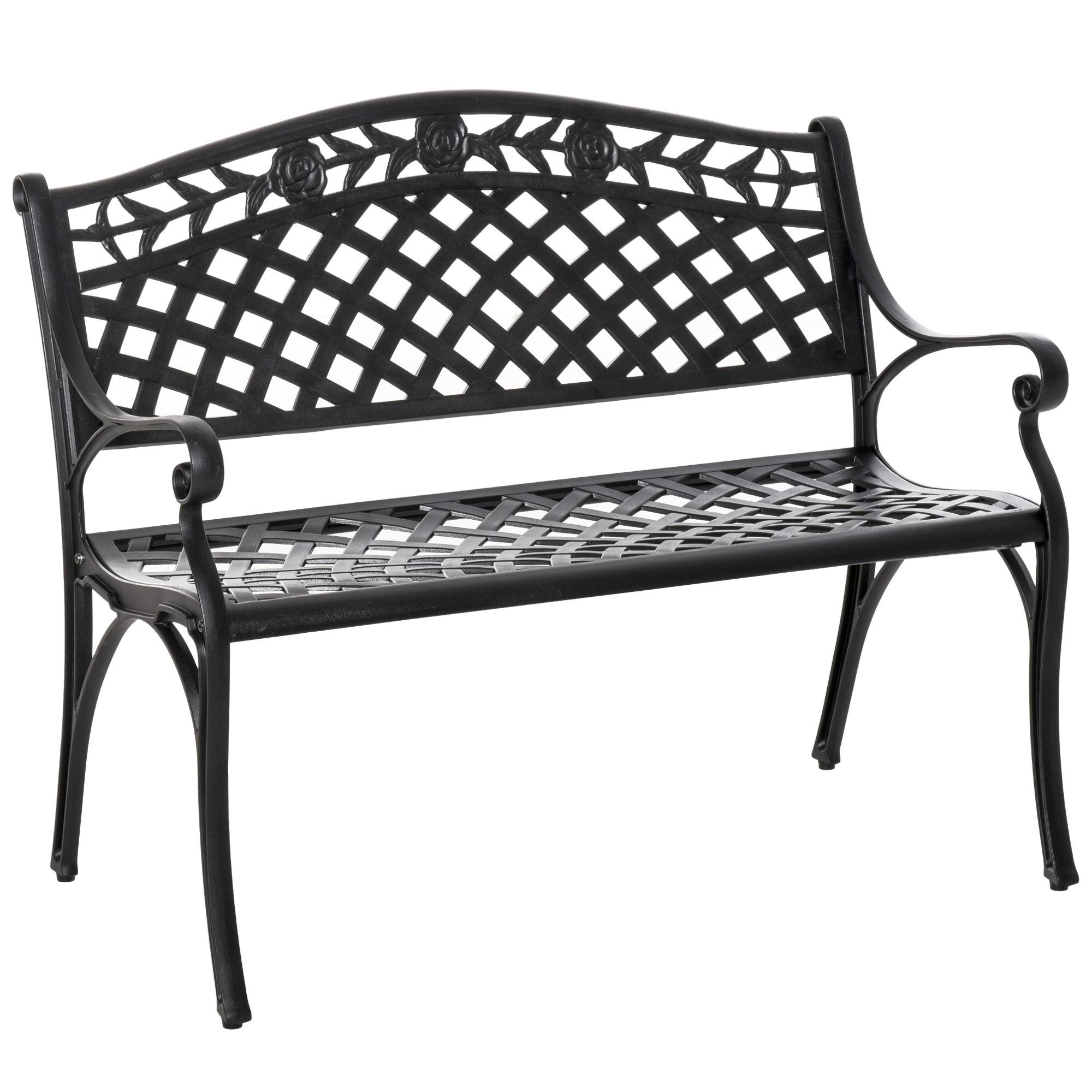 Outsunny 2-Sitzer Sitzbank Wetterfest Gartenbank Schwarz 102,5x61x84 cm | Alu, Mit Armlehnen, Landhausstil, Metallbank, Bank
