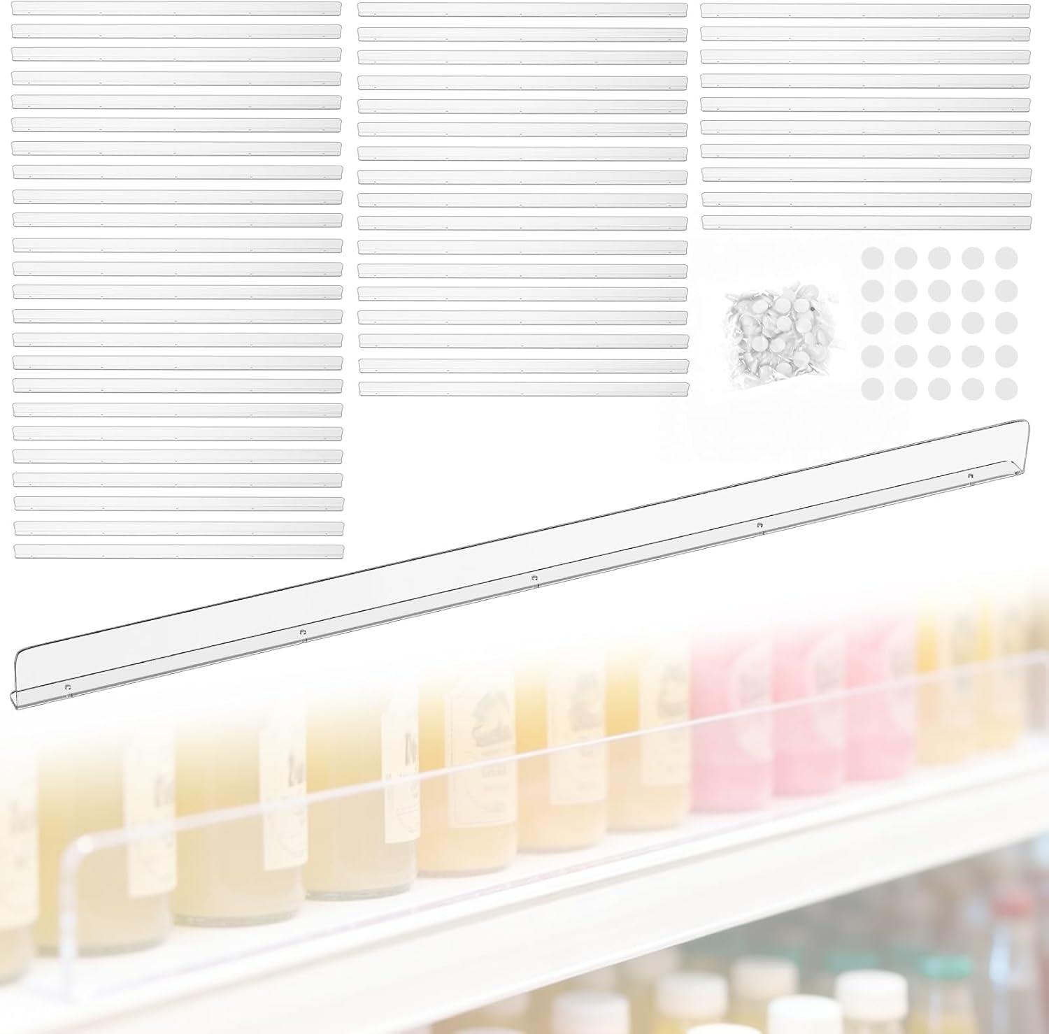 Nalwort 52 Pcs Retail Gondola Shelving Front Fence, Clear PET Shelf Fence with 1/4" Holes and Screws, Front Lips Barrier for Retail Store Display Rack, 1.5" H x 48" L
