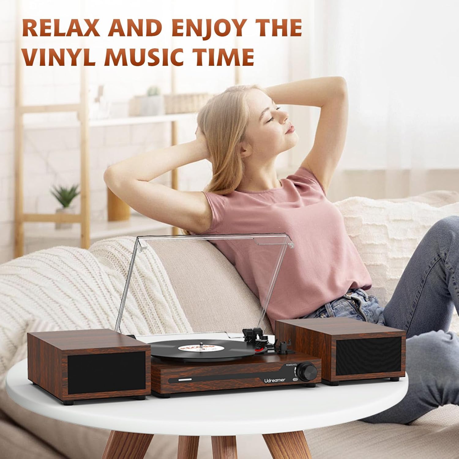 Udreamer Platine Vinyle avec 2 Haut-parleurs Stéréo Doubles, Vintage Tourne-disqu Bluetooth 5.3 Prend en Charge 3 Vitesses, Entrée Auxiliaire, Ligne RCA, USB,Lecture sans Fil, Noyer