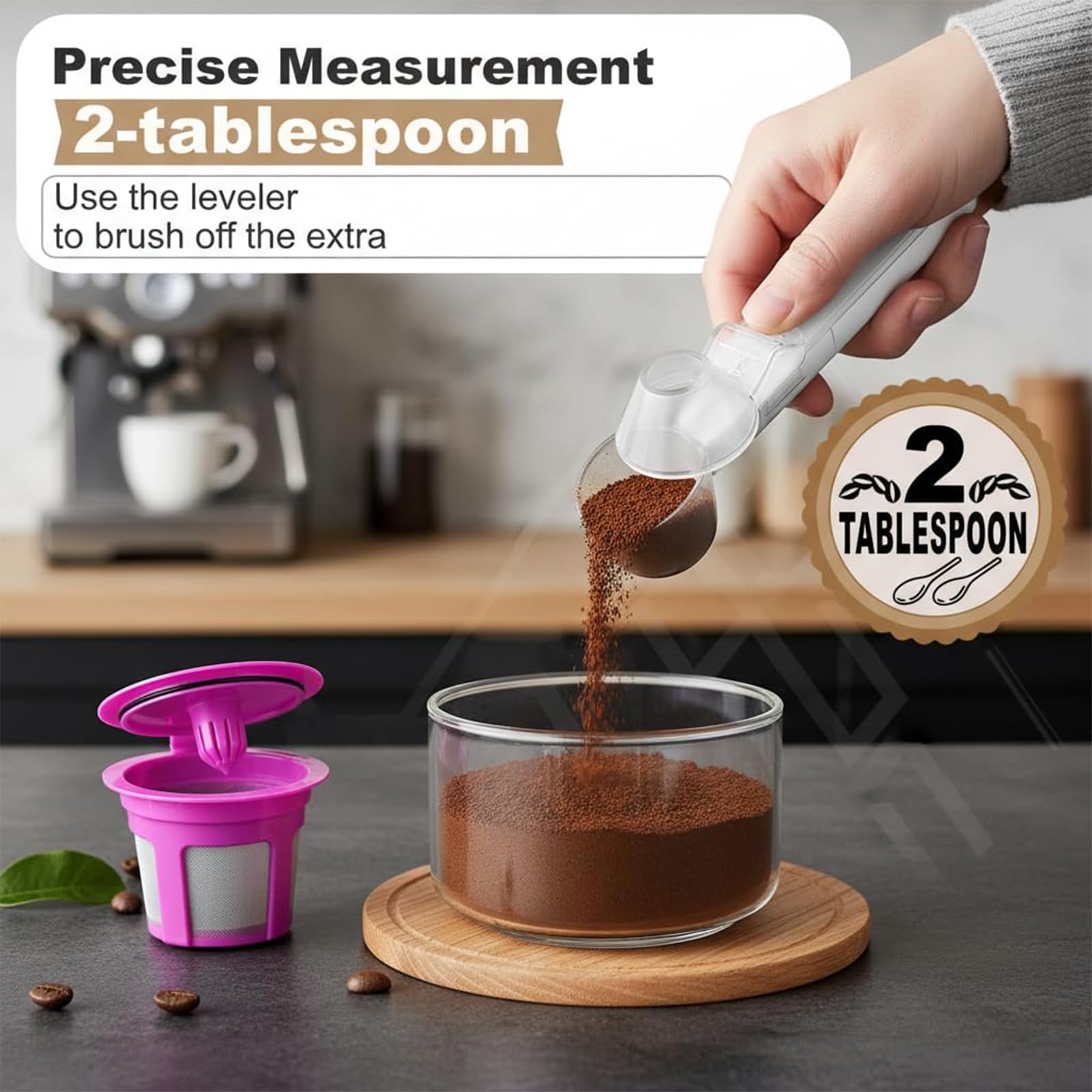 Cucchiaio Dosatore caffè con Imbuto Set di 2 Cucchiai Misuratori per Polvere di caffè Nero E Trasparente in Materiale ABS Design Utensili Multifunzionali per
