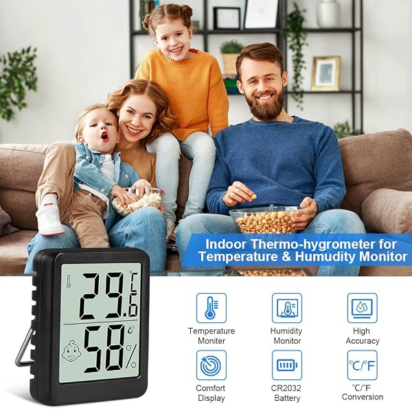 Flintronic Thermometer Hygrometer, 4PCS Digital Mini Thermometer and Hygrometer with Metal Stand, Thermohygrometer with Smile Face Indicating Data for Indoor, Living Room, Baby Room, Office (Black) - 5
