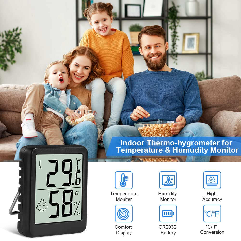 Flintronic Thermometer Hygrometer, 4PCS Digital Mini Thermometer and Hygrometer with Metal Stand, Thermohygrometer with Smile Face Indicating Data for Indoor, Living Room, Baby Room, Office (Black) — view 5