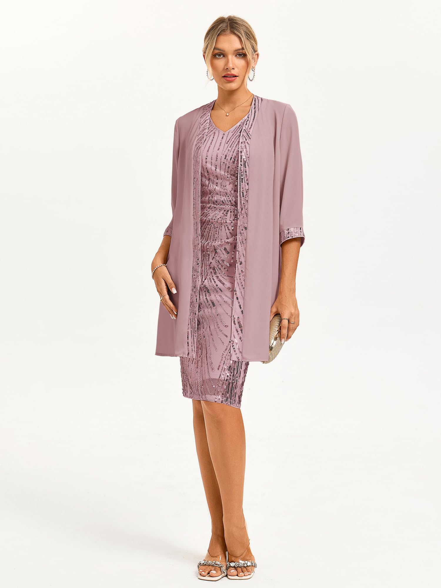 GRACE KARIN Abito da cocktail da donna, con scollo a V, senza maniche, con paillettes, con cardigan, due