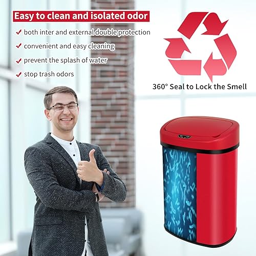 Miniatura 6 de BLKMTY Bote de basura de acero inoxidable de 13 galones con tapa, rojo, 50L