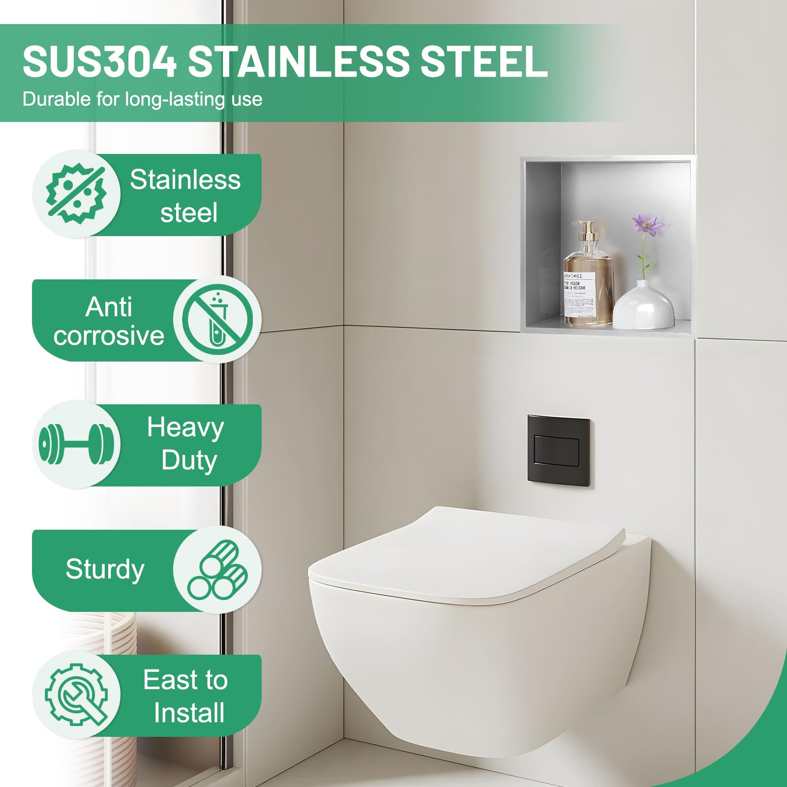 DBREAKS Nicho de pared de acero inoxidable 32 x 32 x 8,5 cm, nicho de ducha plateado, almacenamiento incrustado, nicho de ducha de acero inoxidable, nicho de pared para baño, estante de ducha sin