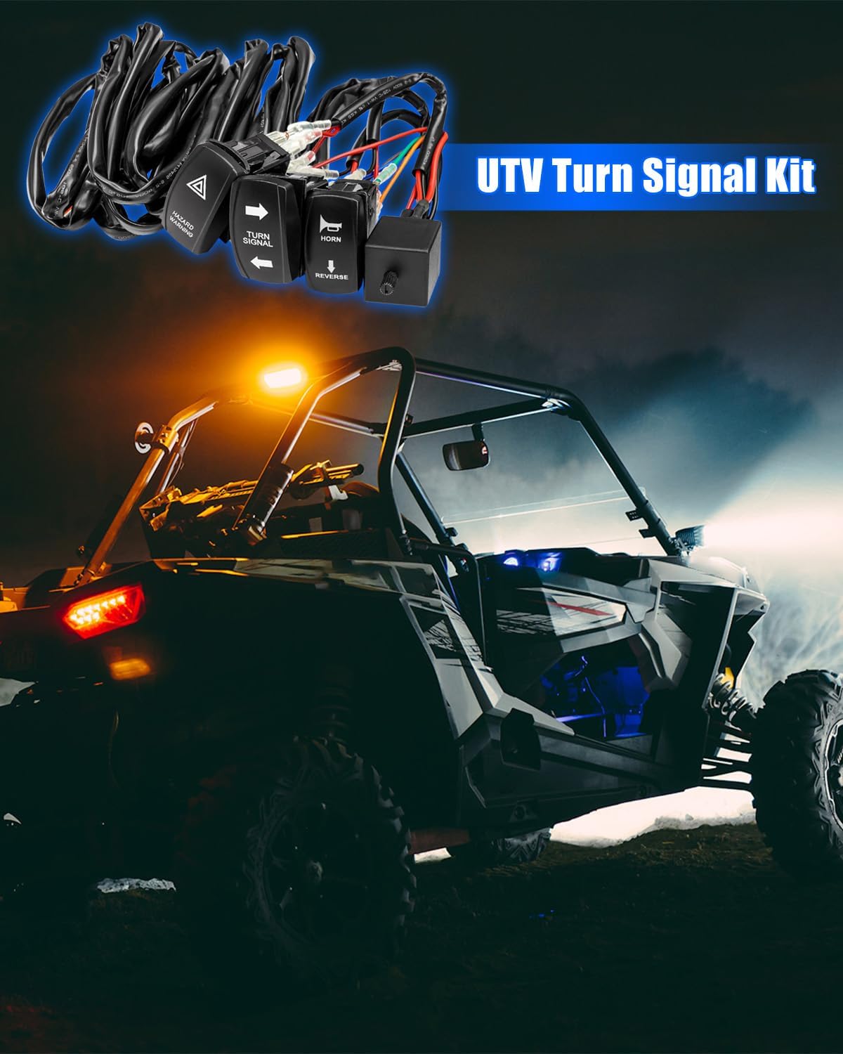 WUMZIJ Universal UTV ATV Turn Signal Kit with Horn Compatible with Polaris Ranger RZR Can-Am CFMOTO SXS, Pre-Wired Blinker System Street Legal Kit with 3 Rocker Switches and Hazard Light