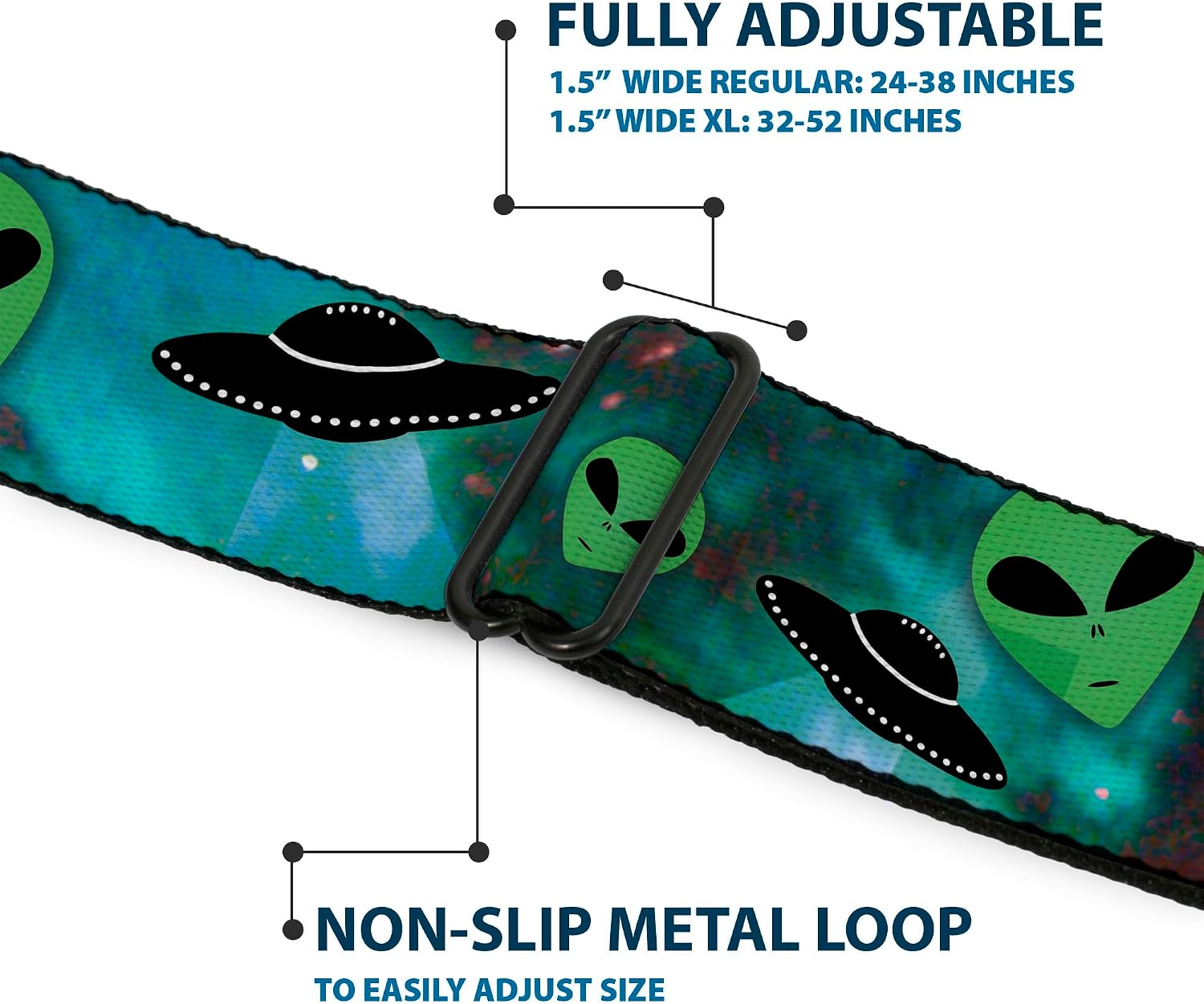 Buckle-Down Men Seatbelt Belt Alien W30163, Aliens and Ufo's Galaxy/Green/Black/White, 1.5" Wide, 32-52" Long