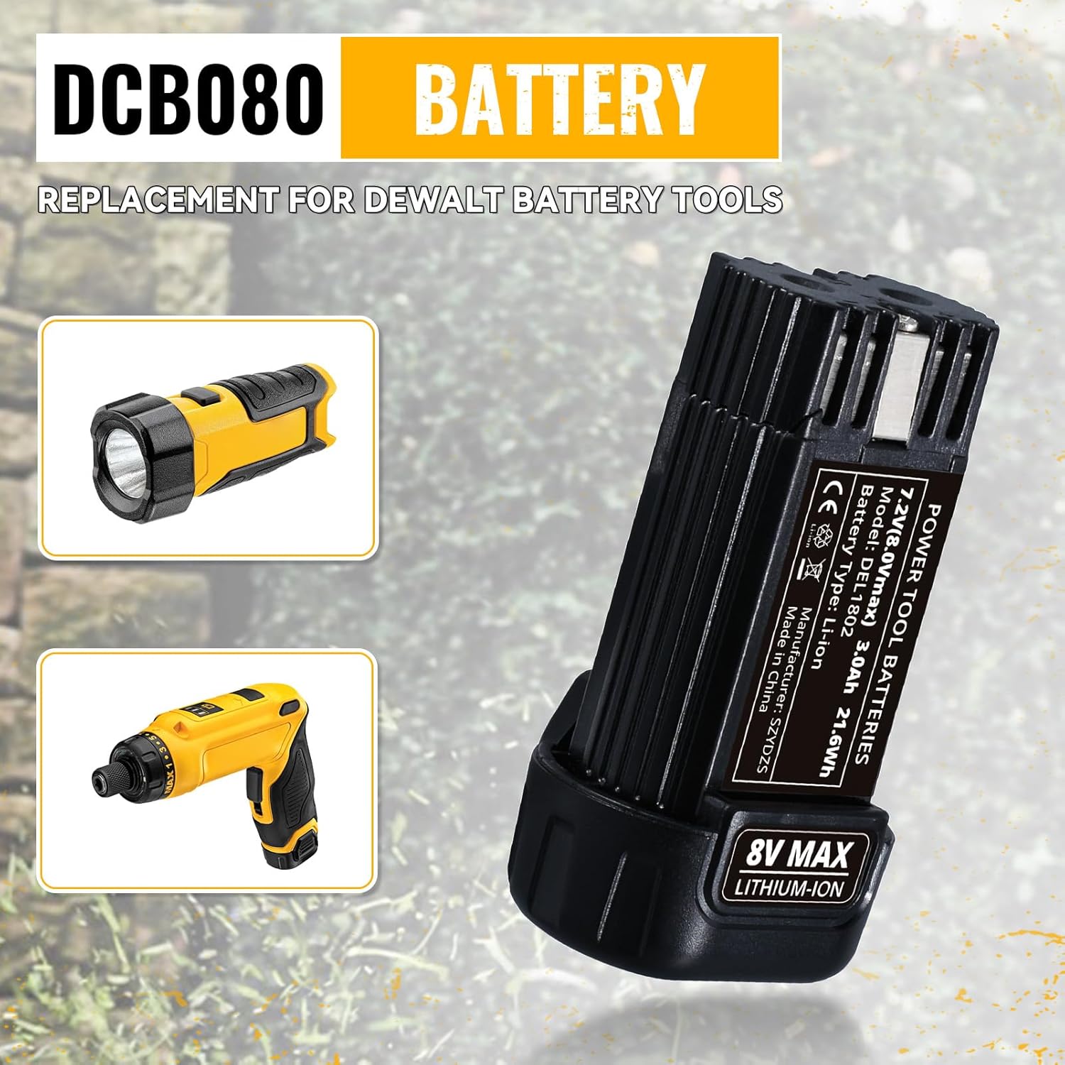 2Pack 3.0Ah DCB080 Replacement for Dewalt 8V Battery Li-ion DCF682 DCB095 DW4390 DCF680N1 DCF680G2 Easy Slide-in Compatible with dewalt Battery
