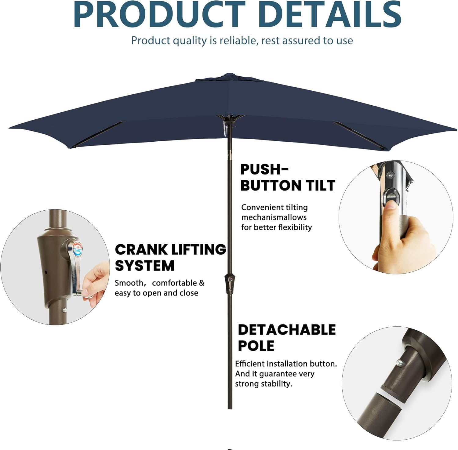 6.5x10FT Rectangular Patio Umbrella with Push Button Tilt & Crank Lift for Garden,UV Protection Outdoor Umbrella for Deck,Pool and Yard,Navy
