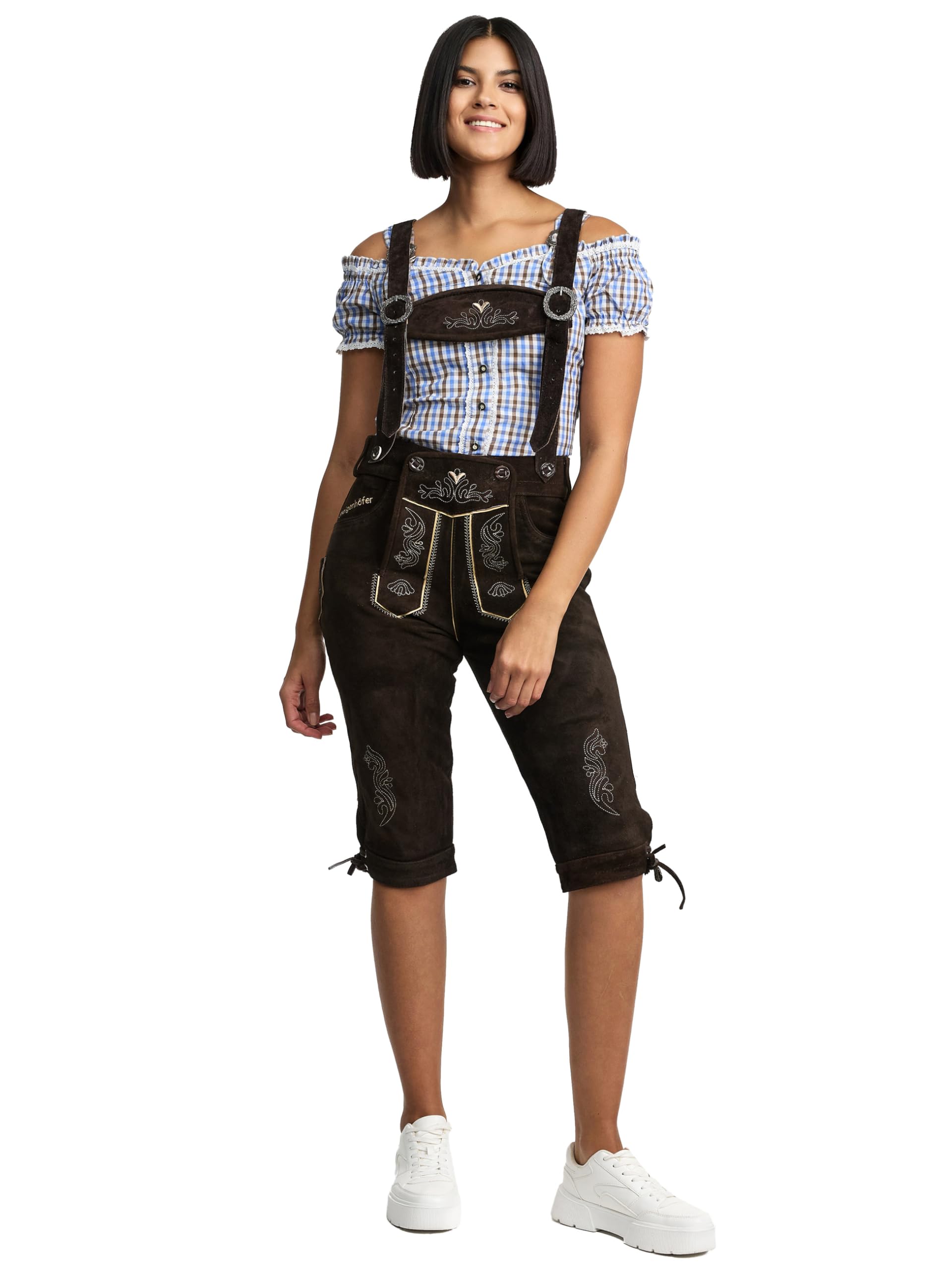Steigenhöfer Lederhose Damen Tracht Shorts Kniebund - 100% Rindsleder - Clara - Traditionelle Kurze Hose für Frauen - Inklusive verstellbaren Trägern - Dirndl Alternative