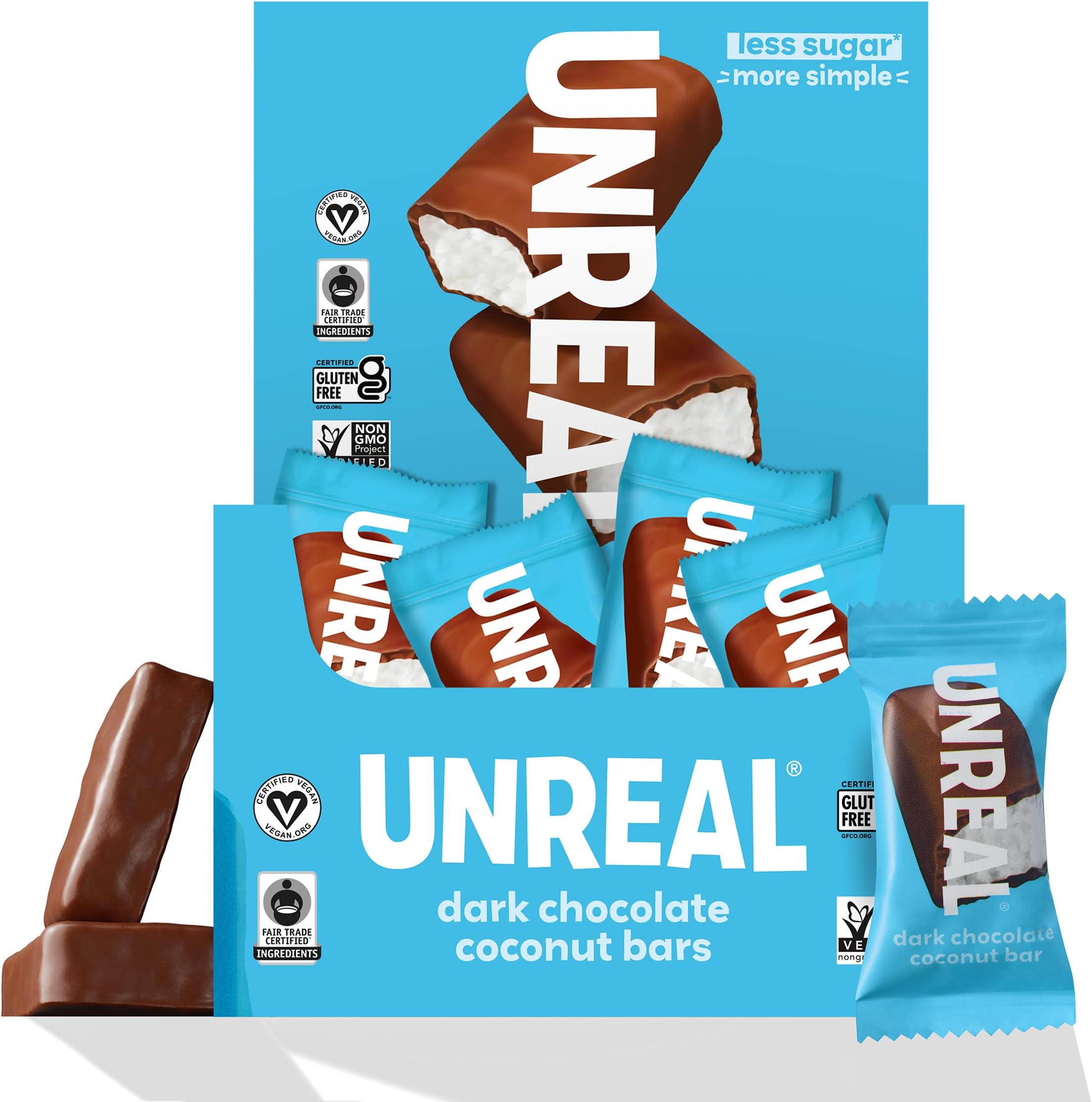 Dark Chocolate Coconut Bars, 40 Count, Individually Wrapped Coconut Snack Bars, Made with Simple Ingredients, Vegan, Gluten Free, Dairy Free, Non-GMO, Low Sugar, .53 oz each