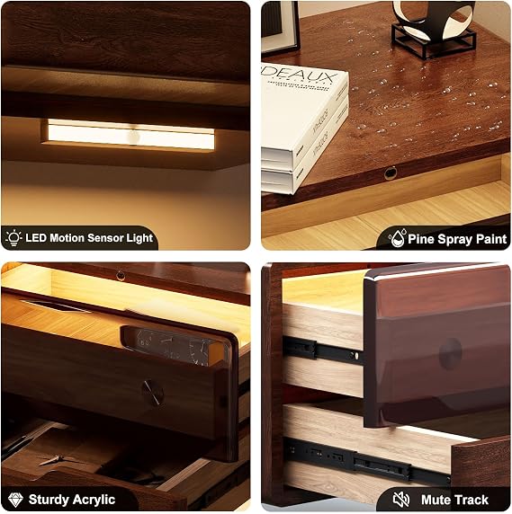HedoAjim Nightstand Set of 2, Bedside Table Side End Table,Solid Wood Floating, Wall Mounted, 2 Storage Drawers, Smart Sensor LED Light, for Bedroom Dorm Small Space, Dark Walnut