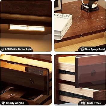 HedoAjim Nightstand Set of 2, Bedside Table Side End Table,Solid Wood Floating, Wall Mounted, 2 Storage Drawers, Smart Sensor LED Light, for Bedroom Dorm Small Space, Dark Walnut