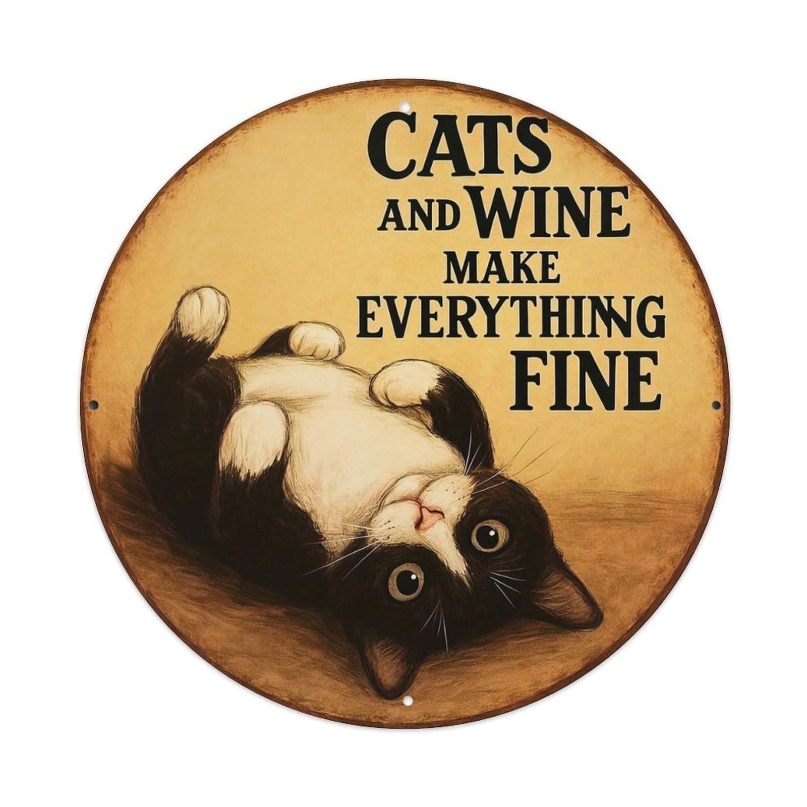 Cats And Wine Make Everything Fine Vintage Metal Tin Sign Retro Wall Decor for Home Bar Garage Cafe, Indoor & Outdoor Decorative，circle Metal Poster, 8x8 Inch