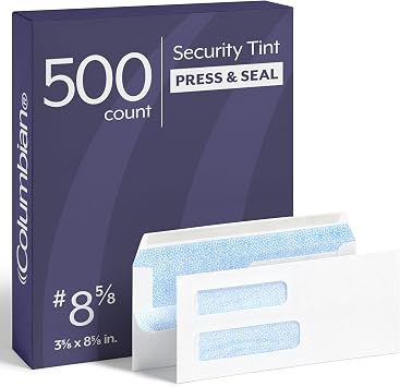 Columbian #8-5/8 Security Envelopes, 500 Pack, Double Window Self Seal Envelopes for QuickBooks Checks and Business Mailings, 3-5/8" x 8-5/8", Durable 24 lb White Paper