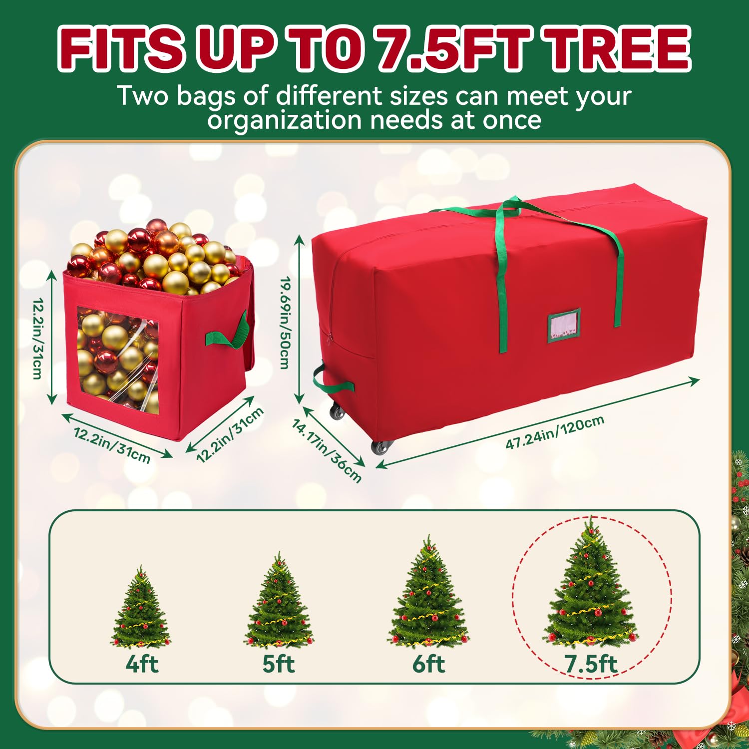 Christmas Tree Storage Bag, 7.5FT Xmas Tree Storage Bag 2 Piece Set Rolling Christmas Tree Bag Includes a Storage Bags for Xmas Decorations, Reinforced Handles & Rolling Wheels
