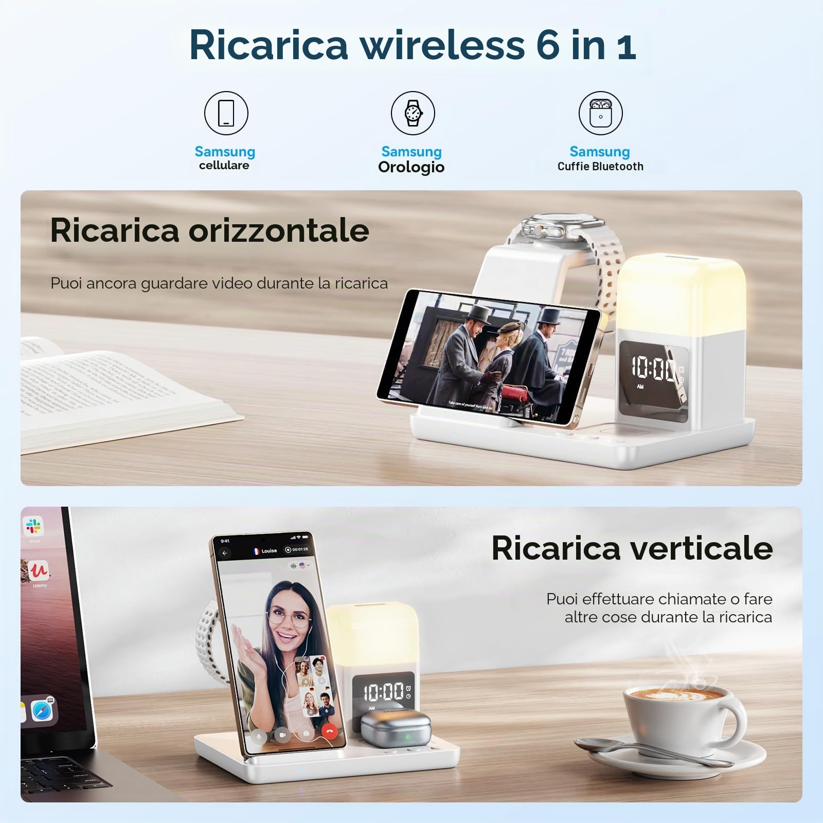Stazione di Ricarica Induttiva 6 in 1 Aggiornata per Samsung con Sveglia e Luce a 3 Colori | Ricarica Senza Fili 15W Rapida per Galaxy S25/S24/Z Fold6/Flip/Note Galaxy Watch Ultra/6/5 Pro Galaxy Buds