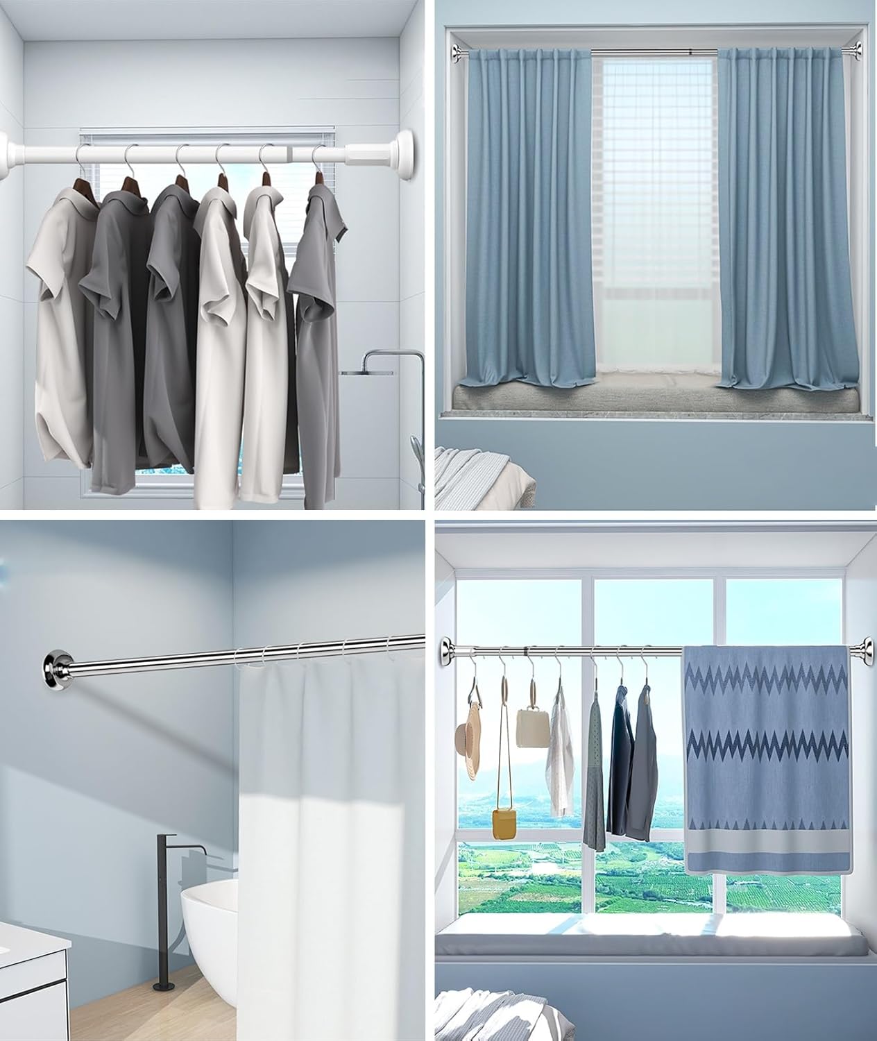 Closet Rod Closet Rods for Hanging Clothes No Drill, 1 Inch Diameter Heavy Duty Closet Rods Black White, Adjustable Closet Bar for Shower Curtain Rods(Black,150-220cm(59-86 5/8"))