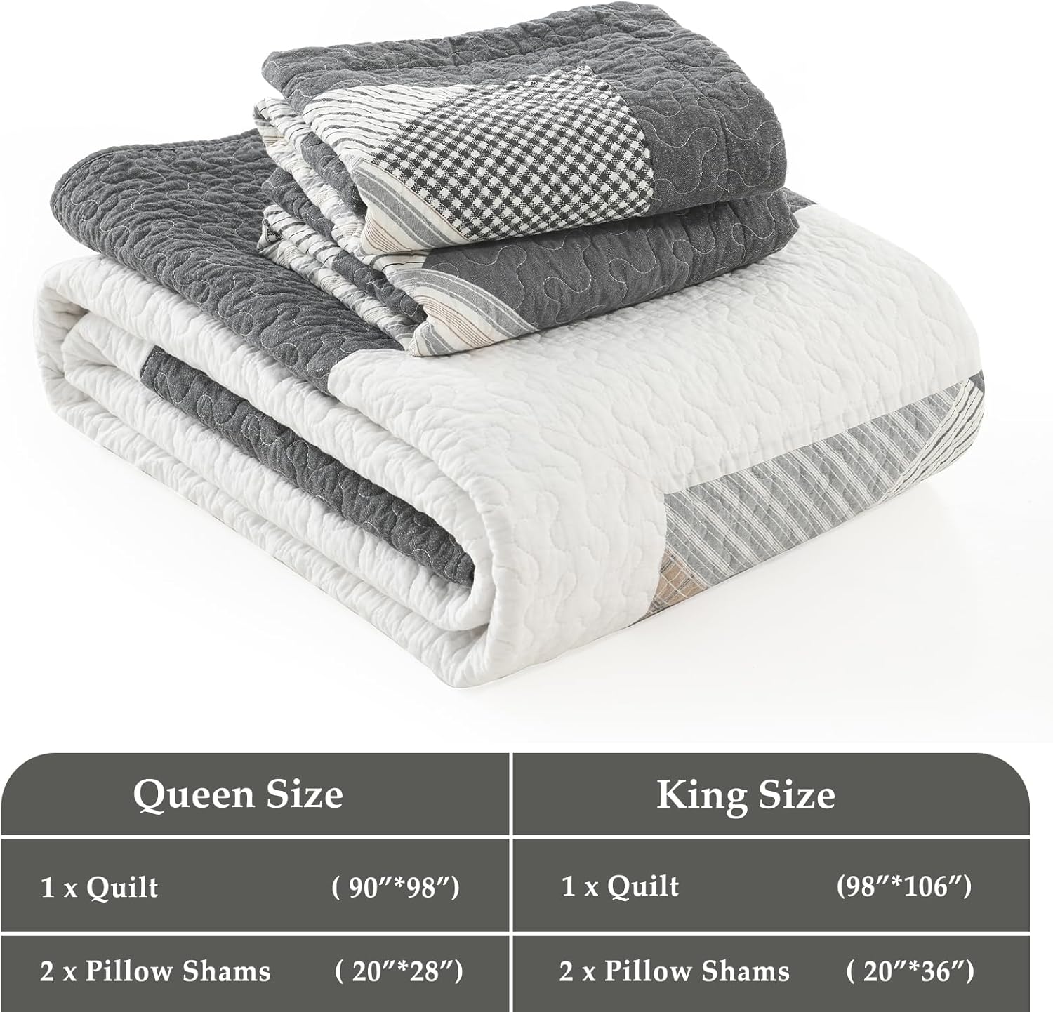 King Quilt Set - 100% Cotton Farmhouse Quilt Bedding Set with 3 Pieces in Dark-Gray/White/Brown - Image 5