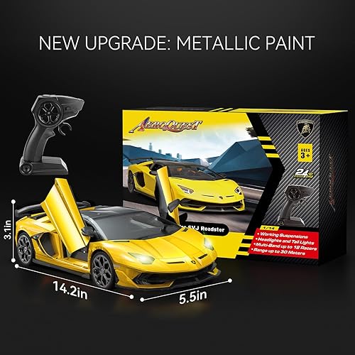 Miniatura 7 de Lamborghini - Auto a control remoto, con licencia oficial 114 Lambo RC para niños y niñas, regalo de cumpleaños, juguetes amarillos para 3, 4, 5