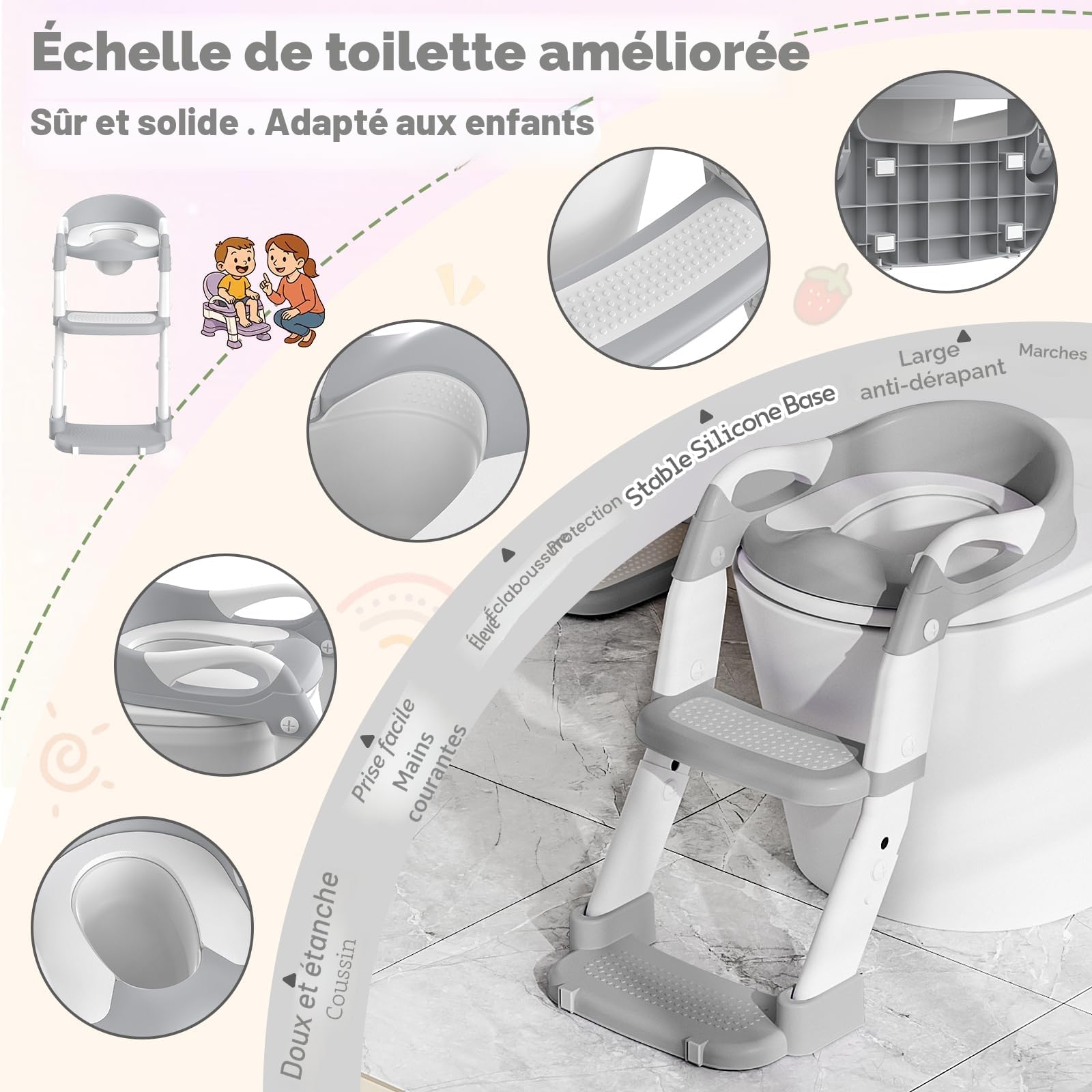 Reducteur Toilette Enfant, 3 en 1 Rehausseur Toilette Enfant avec Marche Réducteurs de Toilettes Propreté Apprentissage Adaptateur Abattant WC Siège WC à Hauteur Réglable, Antidérapant, Pot Amovible