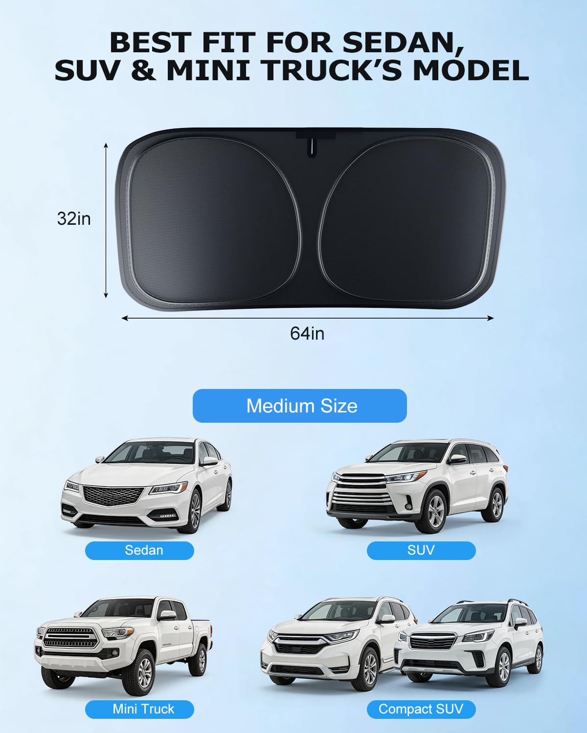 DMJN Front Windshield Sun Shade for Universal Medium Size, [Nano Ice-Crystal Coatings] UPF50+ Heat & UV Block, Protect Car Interior & Keep Cool, Flodable Steel-Ring Car Cover for Summer