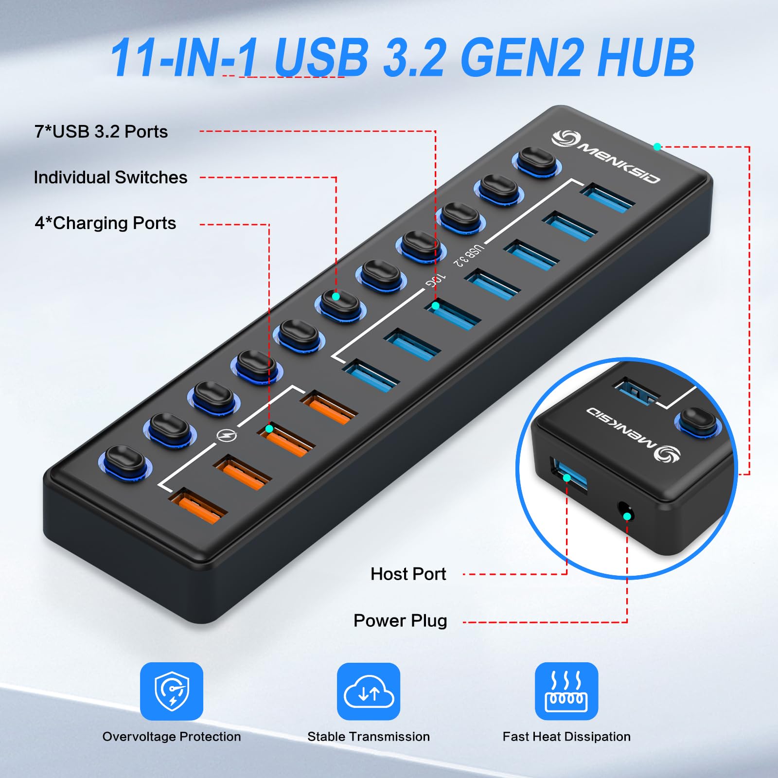 MENKSID - Hub USB alimentato a 11 porte, 7 porte di trasferimento dati USB 3.2 + 4 porte di ricarica intelligenti, interruttore indipendente (con indicatore di alimentazione LED), hub USB 3.2