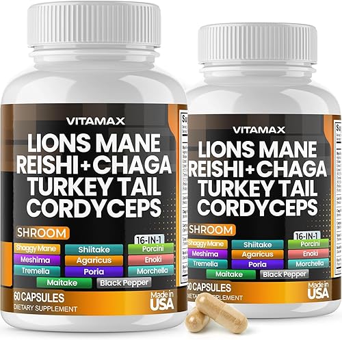 Vitamax Seta de melena de leones, 3000 mg de cola de pavo 2000 mg Chaga y Reishi 1000 mg Cordyceps Shiitake White Elm King Trompeta Nameko Oyster