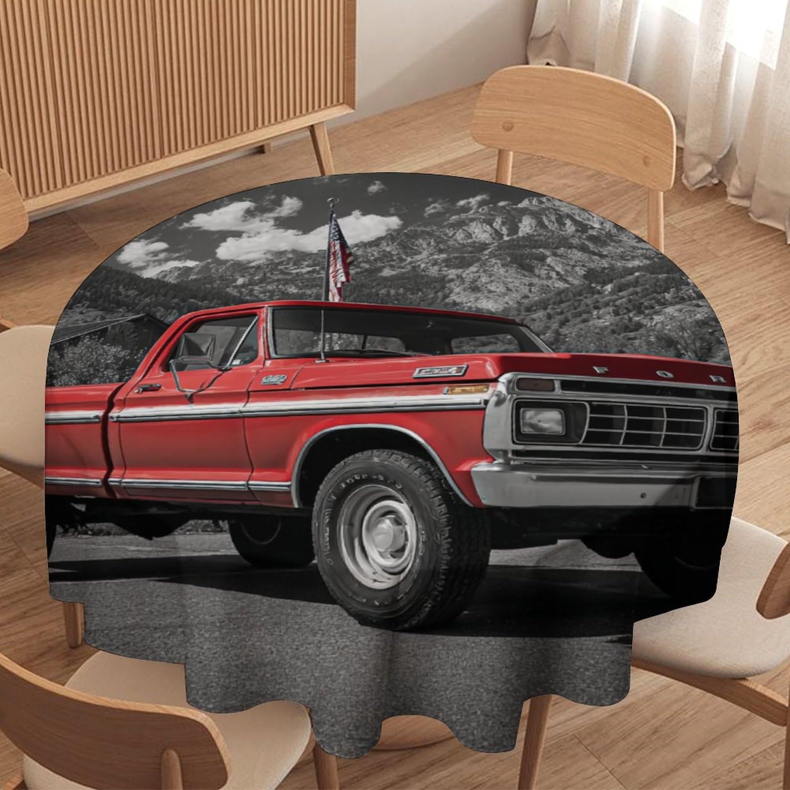 LUYYSKY Rustic Realistic Red Truck Waterproof Round Tablecloth Modern Vintage Patriotic American Flag Classic Car Butterfly Pattern Washable Table Cover for Kitchen-127 Wx127 L cm