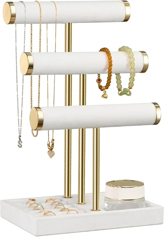 Jewelry Organizer Stand Display, 3 Tier Velvet Bracelet Holder, White | Jewelry Organizers and Storage | Jewelry Tree | Jewelry Towers for Necklaces, Bracelets, Earrings, Rings