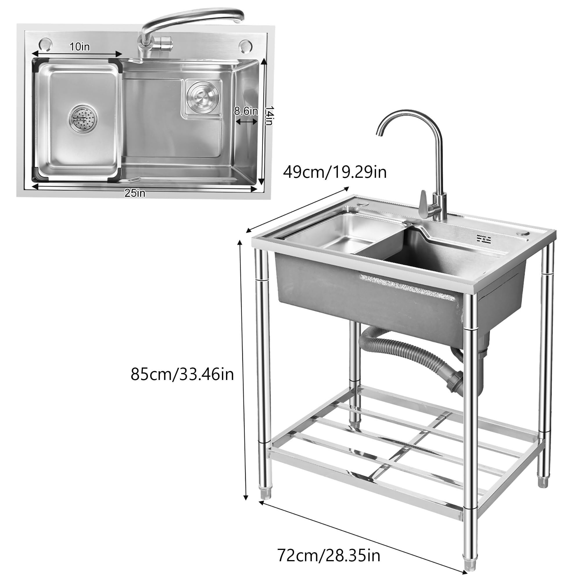 SDdPulse Fregadero independiente de acero inoxidable con grifo de agua caliente y fría, ideal para cocina, garaje, lavandería y restaurante, plateado, 72 x 49 x 85 cm