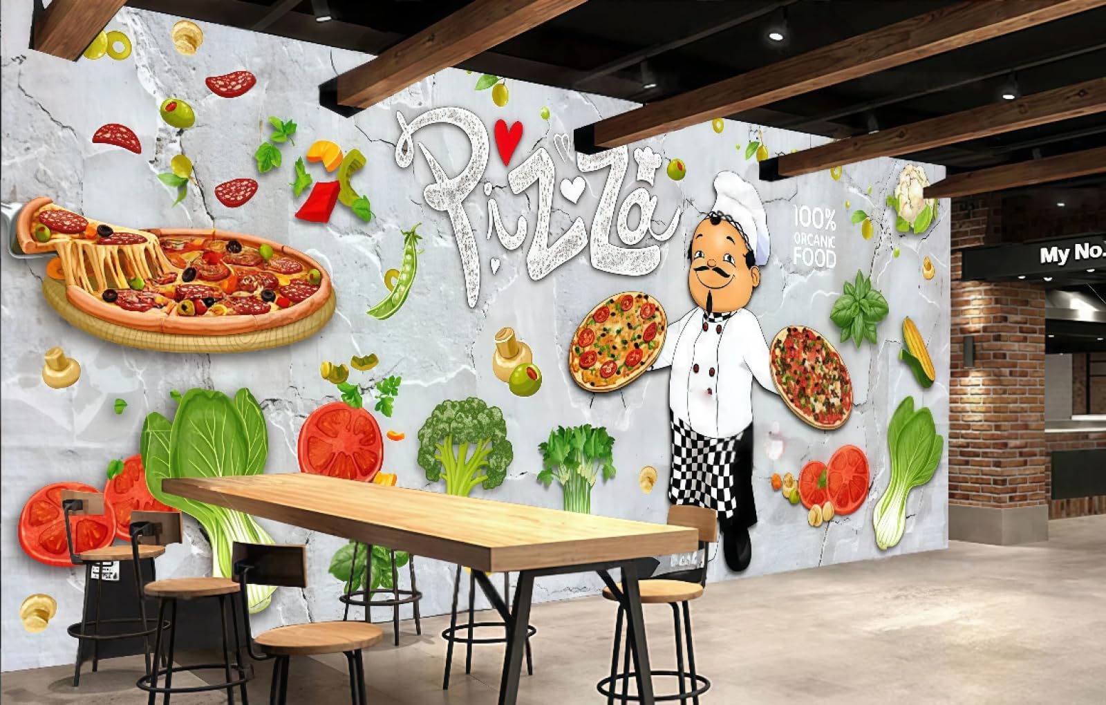 rskjdghshd Wallpaper Cement Wall Hand-Painted Cartoon Pizza Burger Gourmet Shopping Mall Western Restaurant Background Wall Mural Afternoon Tea Coffee Shop Wallpaper,3D,150x105cm