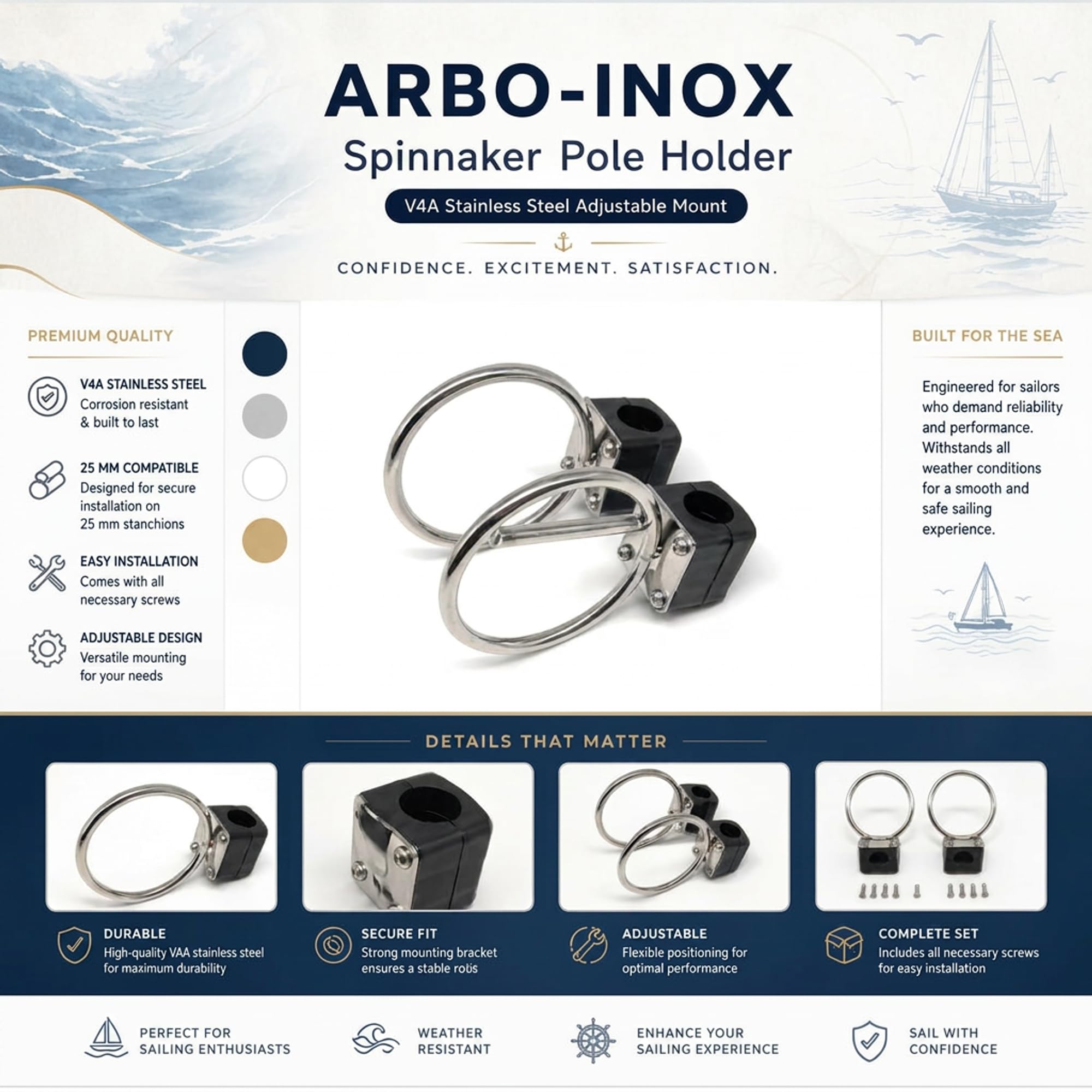 ARBO-INOX Spinnakerbaum Halter V4A Edelstahl – Verstellbare Relingbefestigung – Passend für 25 mm Relingrohr