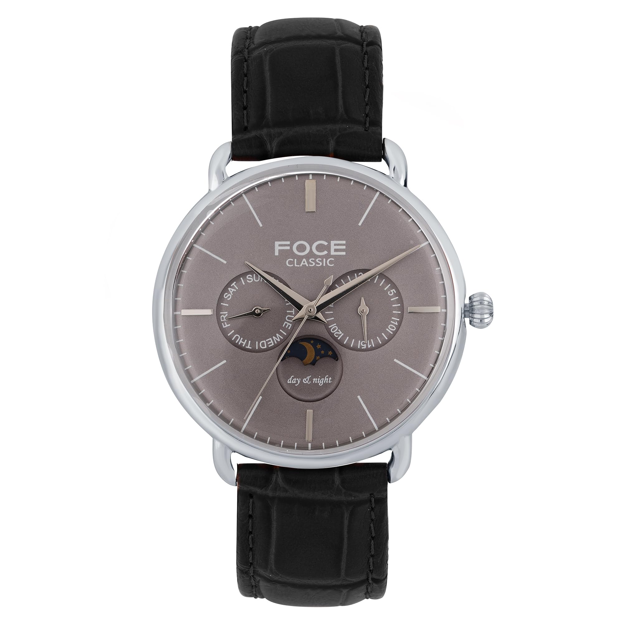 Foce Premium Moonphase Silver Case Mens Watch, Grey Dial, Black Leather Strap, Day, Date & Moonphase Subdials, Curved Dome Glass, Model FC12SSL-GREY (B078Q3SGF9) Amazon Price History, Amazon Price Tracker