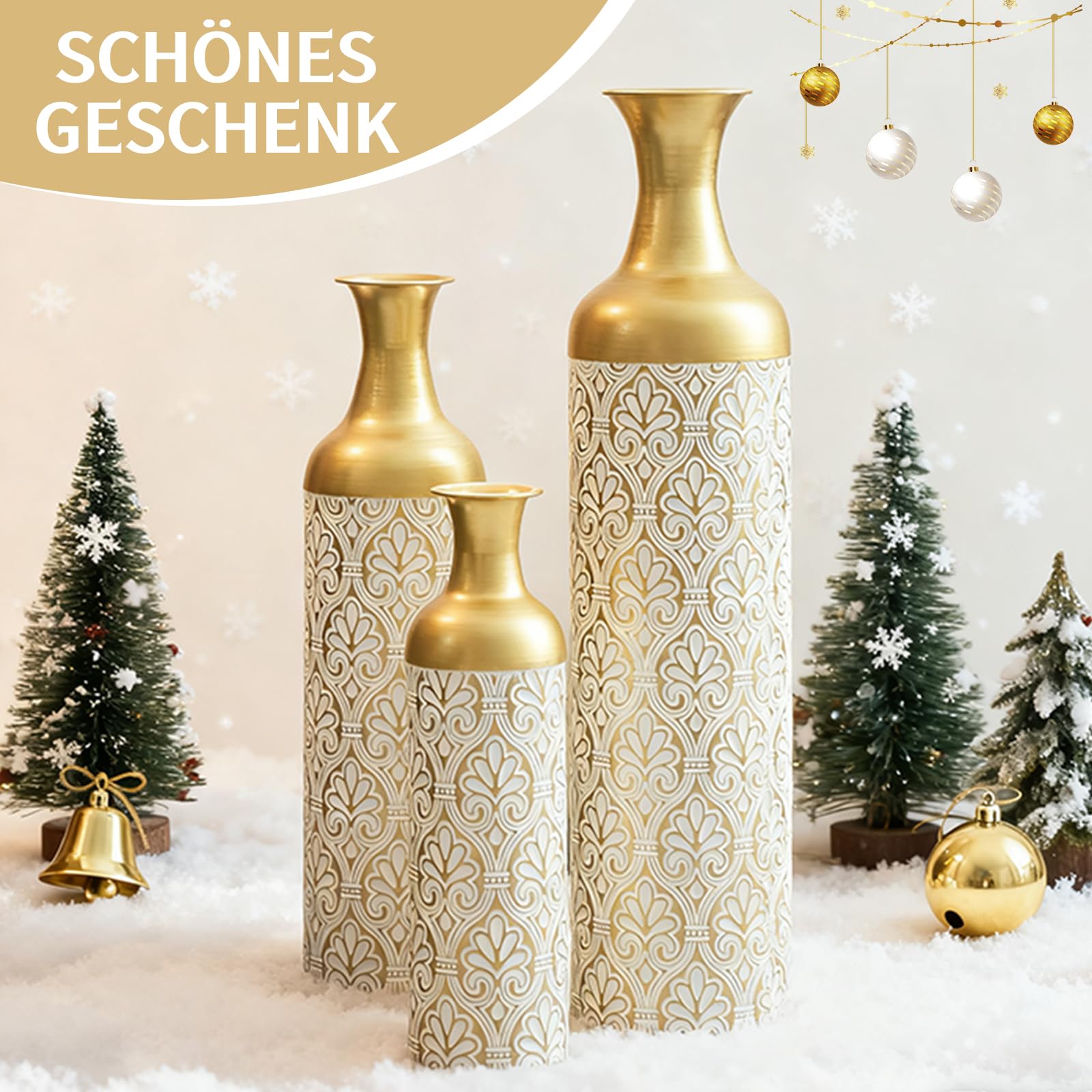 Juego de 3 jarrones altos de suelo – 83/65/50 cm, jarrones de metal blanco y negro para hierba de las Pampas, flores secas y ramas, jarrones decorativos para sala de estar, dormitorio (oro blanco +