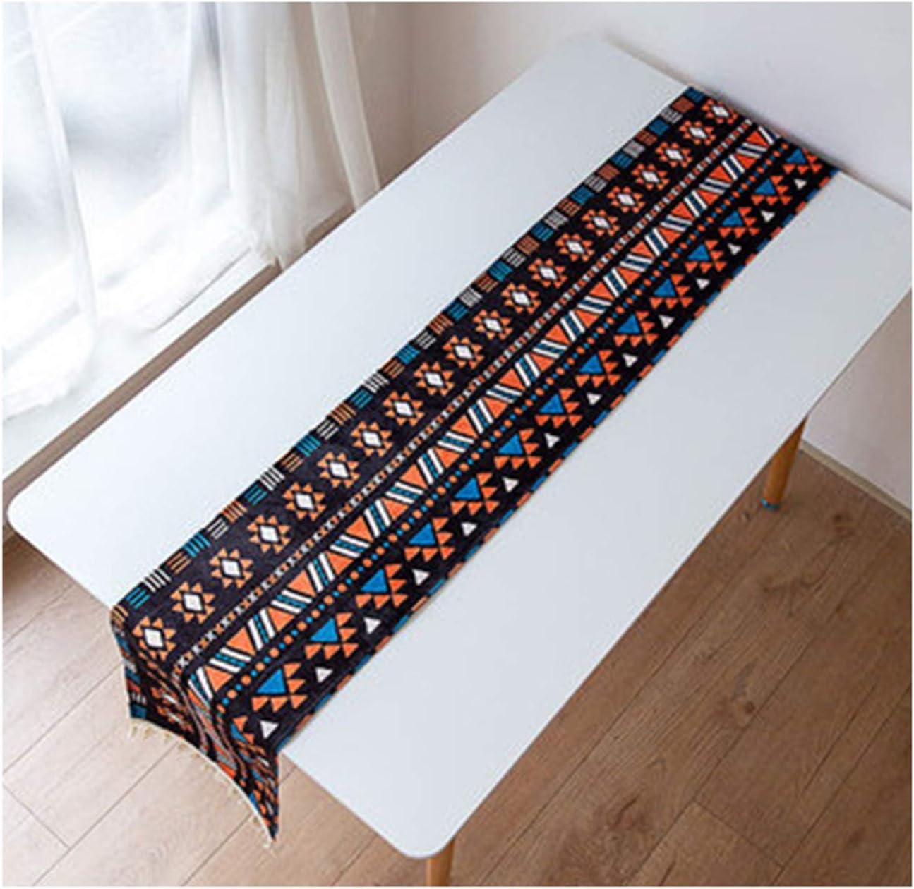 Rectangle Table Runner,43x360CM,Geometric Triangle Pattern with Tassels Table Runner Decor Polyester,Table Runners Modern Orange Blue