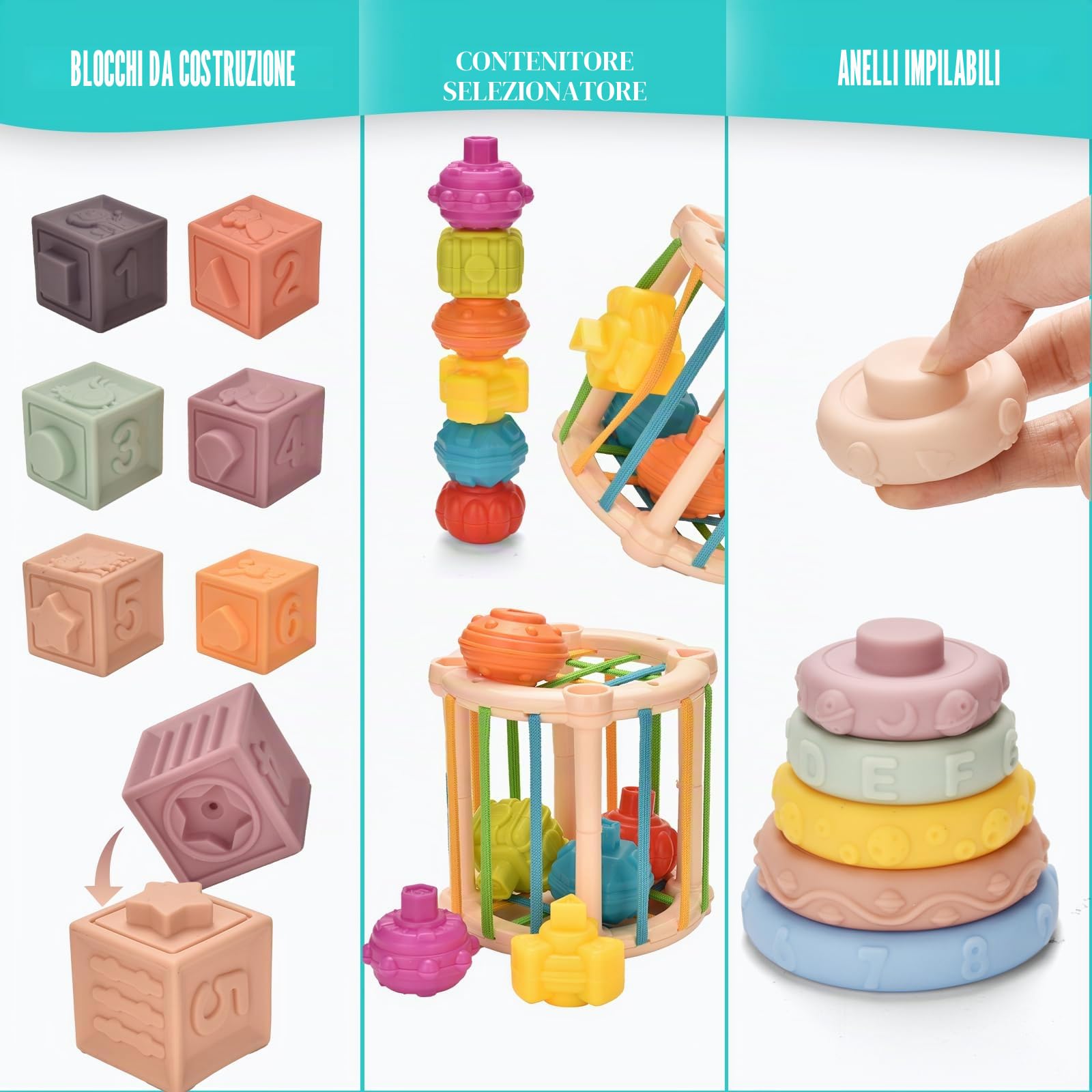 Giocattoli Montessori per bambini dai 6 ai 18 mesi, giocattoli sensoriali ed educativi 9 in 1 per neonati, giocattoli con torre impilabile e ventosa, giochi di abbinamento