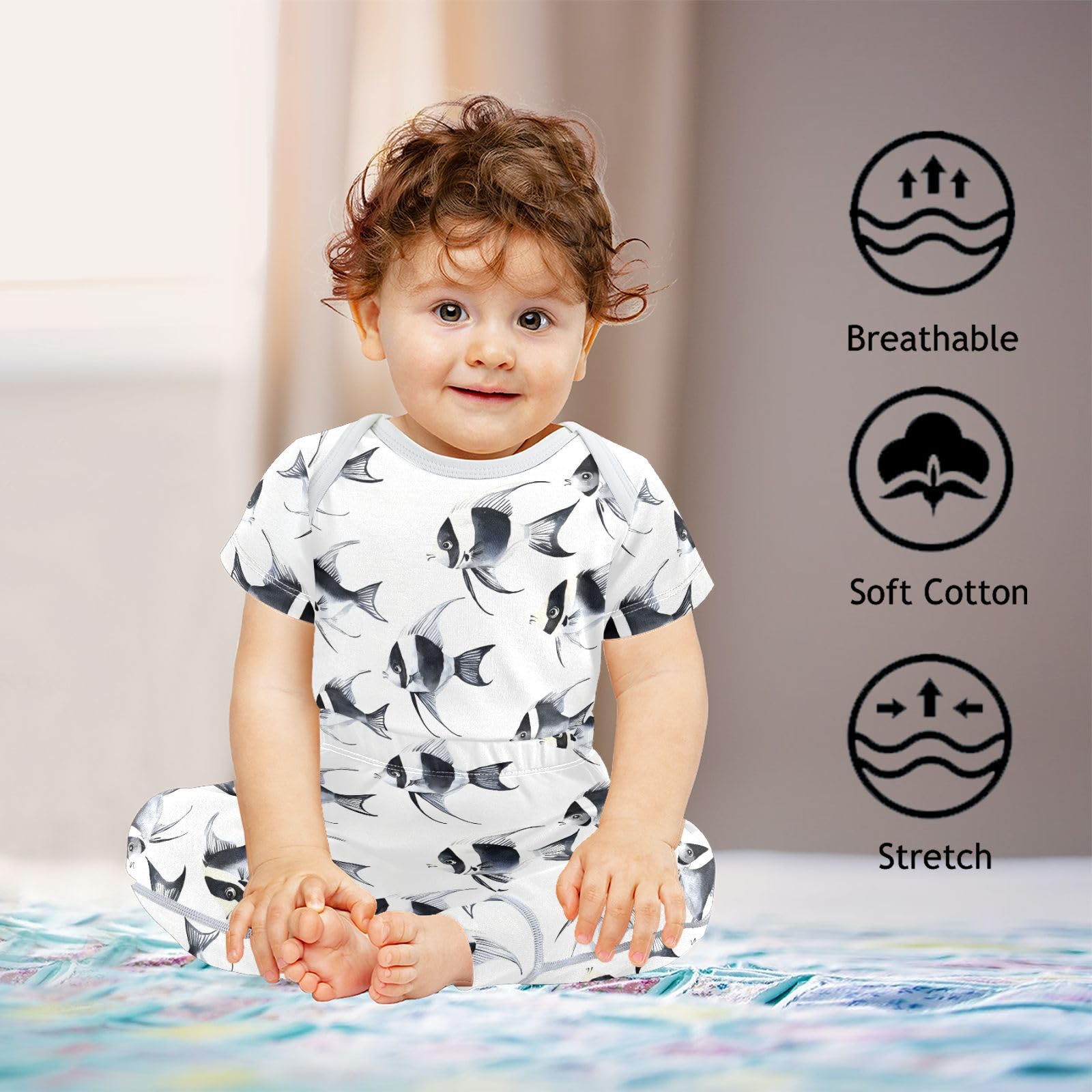 vvfelixl Baby Layette Sets Clothes,Black and White Angelfish Baby Bodysuits Set,Unisex Babys Pants Sets Short Sleeve 12-18M