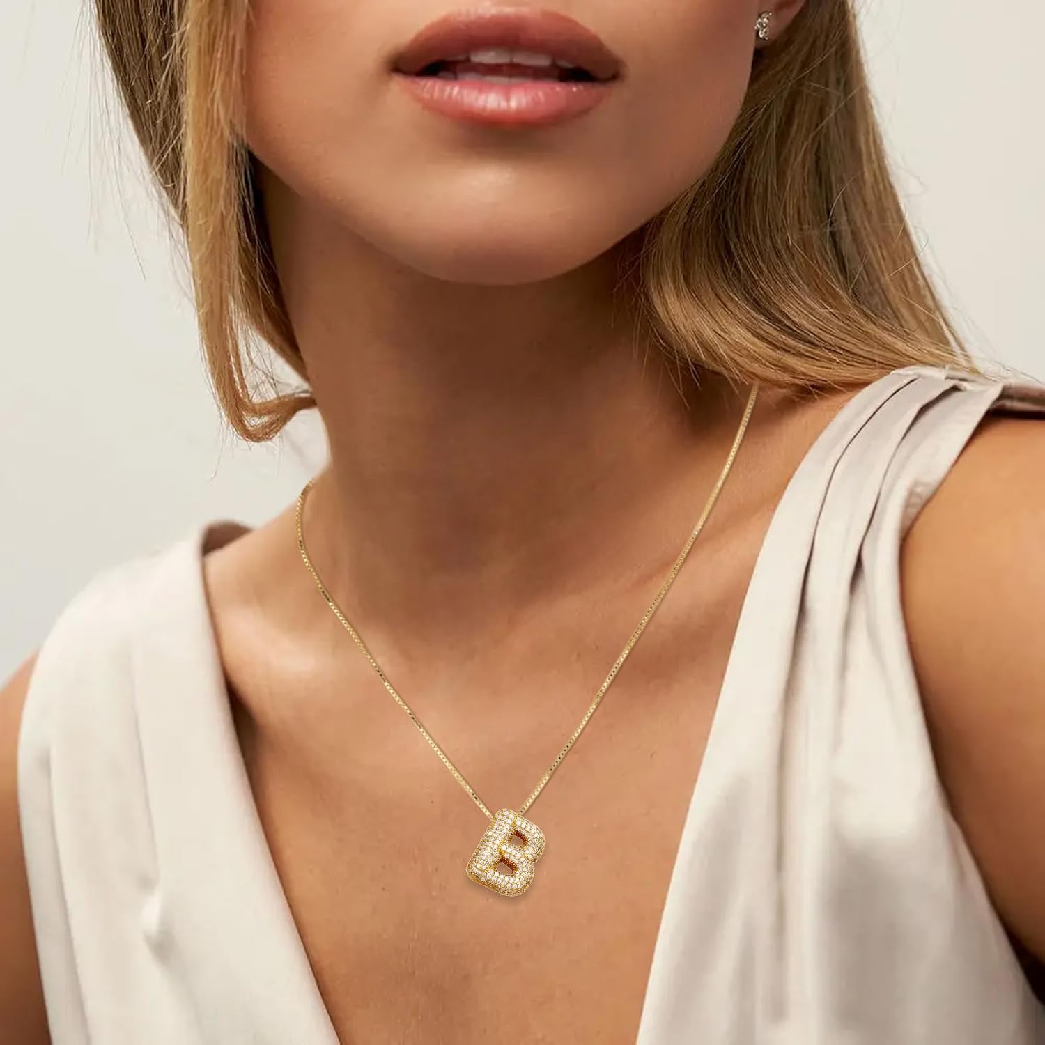 18K Bubble Letter Necklace Gold for Women, Chunky Gold Necklace Rhinestone Initial Necklaces as Valentines Birthday Gifts Charm Puff Name Pendant Alphabet Non Tarnish Valentines Jewelry - Image 2