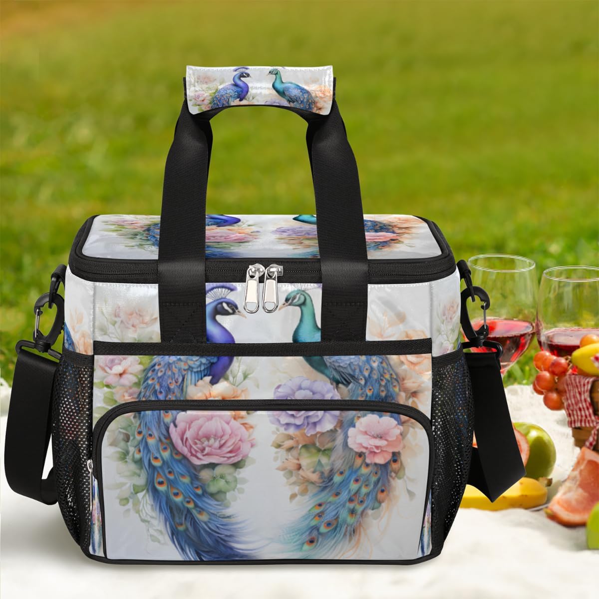 Animal Insulated Picnic Backpack Lunch Box for Women Men Picnic Basket Tote Lunch Bag Picnic Bag Portable Lunch Bags for Picnic, Beach, Work, Trip,Office, Camp Peacock Rose