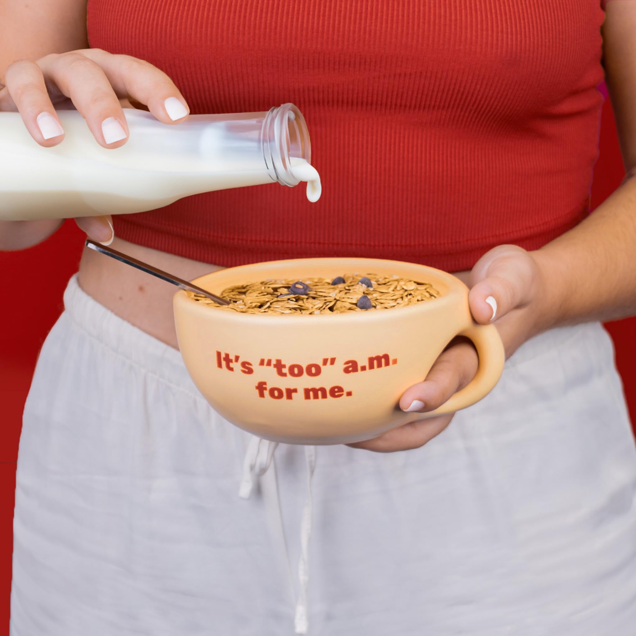 Fisura – Bol petit-déjeuner original "It's Too A.M.". Tasse à café beige 490 ml. Grand bol céramique pour café, muesli ou chocolat chaud. 16,5 cm x 7,5 cm