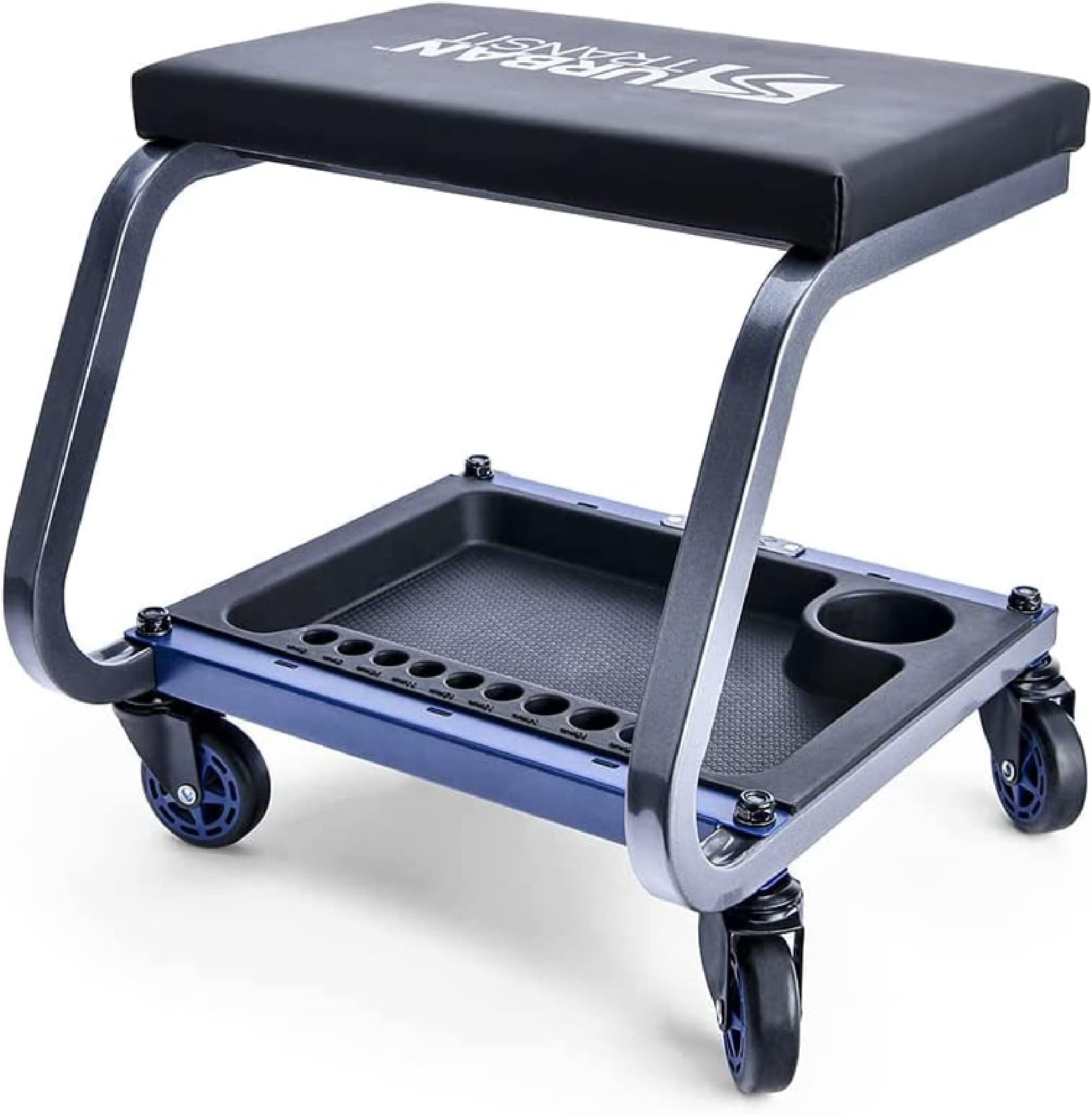 Fastback Shop Stool - 350 Lb Capacity Rolling Stool for Garage & Workshop, with Organizer Tray & Cupholder - 3 Inch Premium Casters