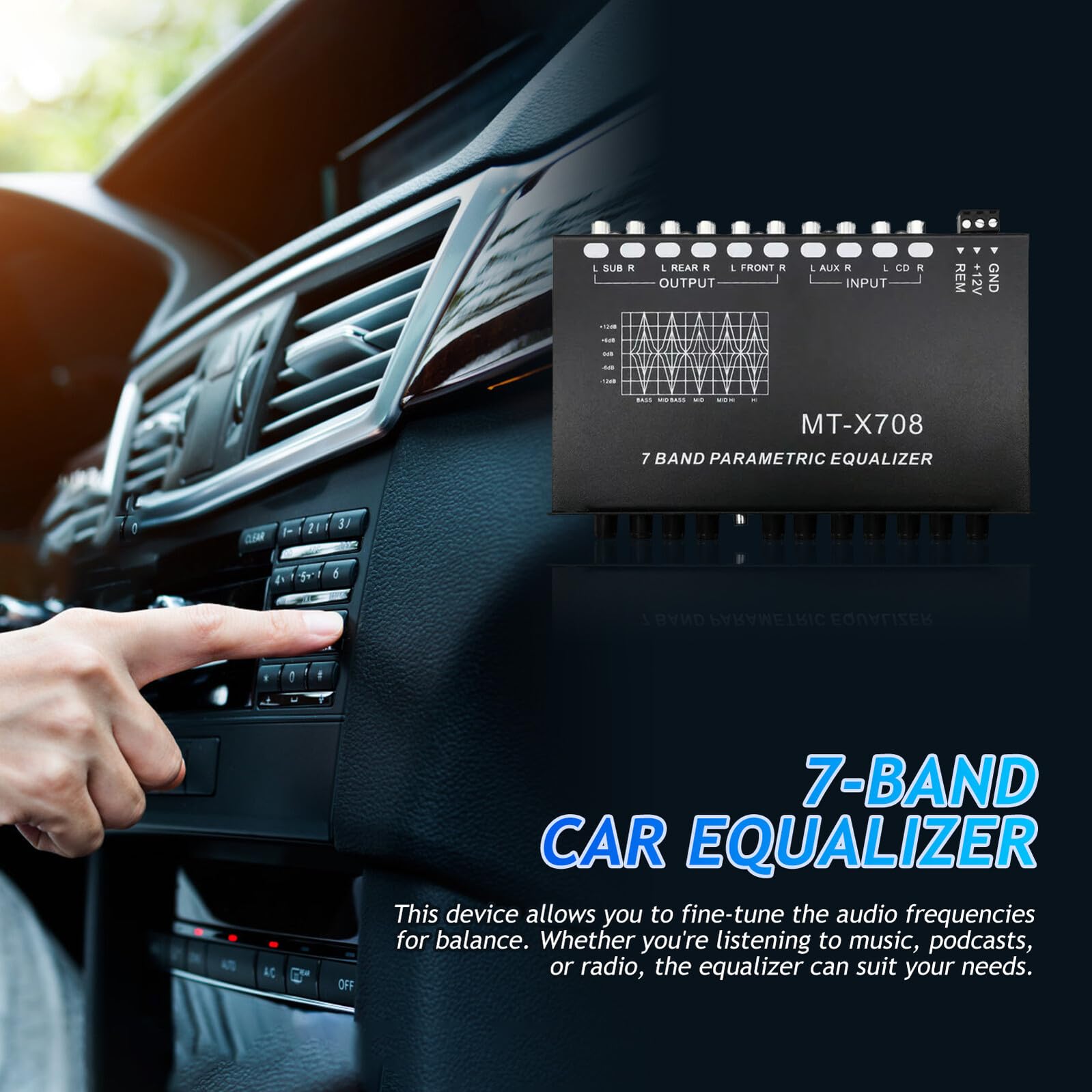 Hohopeti Ecualizador Digital para Coche de 7 Bandas, Amplificador de Sonido Ajustable, Ecualizador Estéreo de Audio para Automóvil Control Preciso de Tono, Diseño Compacto para Instalación