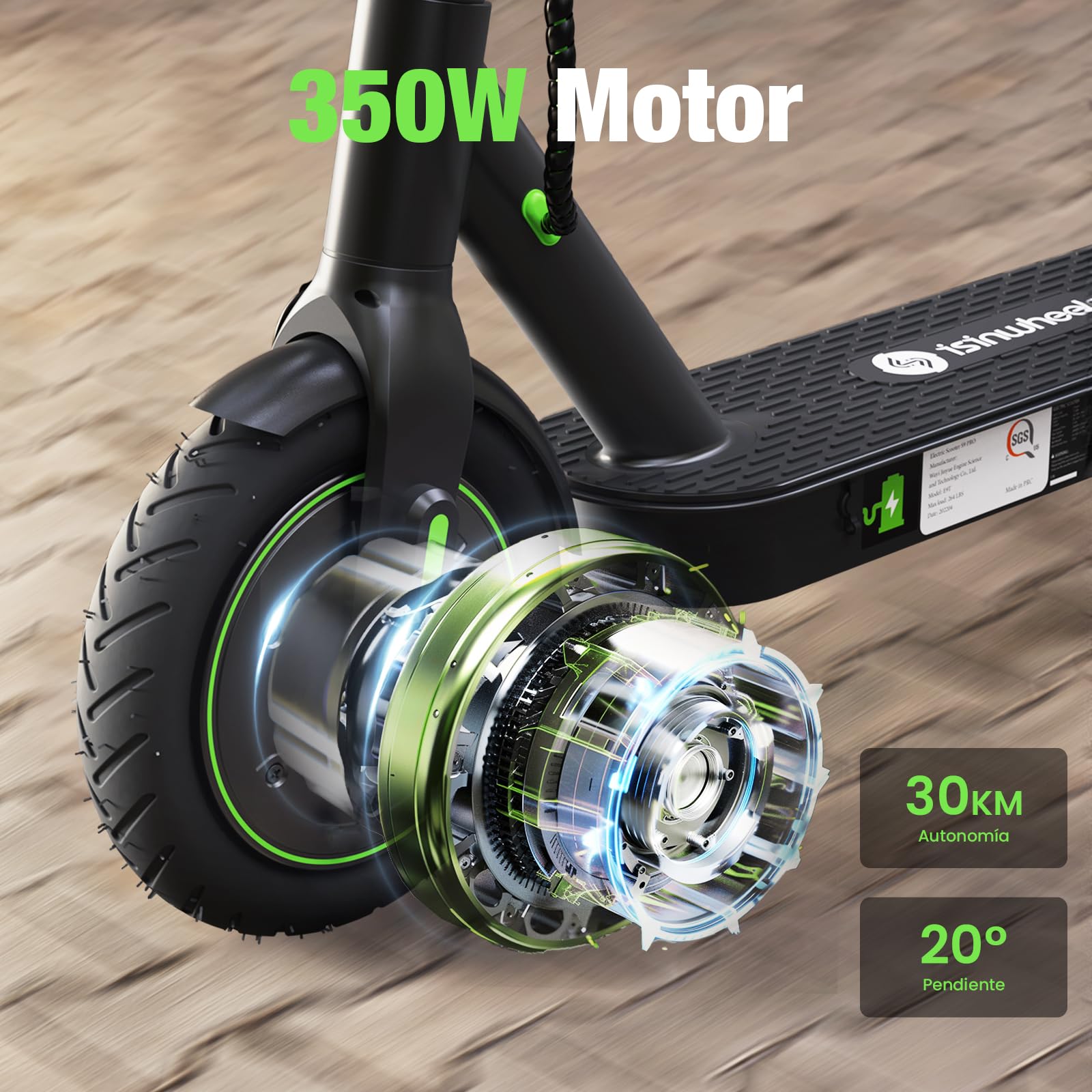 isinwheel S9Pro Patinete Electrico,350W Motor, Autonomía 30 km, Chasis de Aluminio, Frenos Dobles, Patinete Eléctrico para Adultos，Carga Máxima 100 kg